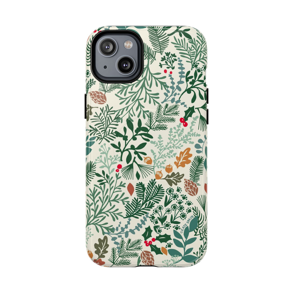 Juniper MagSafe iPhone 14 Plus Case – Glossy | cream, forest green, sage, and rust winter botanical print with pine, holly, acorns, and pinecones