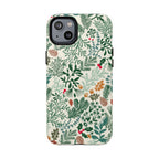 Juniper MagSafe iPhone 14 Plus Case – Glossy | cream, forest green, sage, and rust winter botanical print with pine, holly, acorns, and pinecones