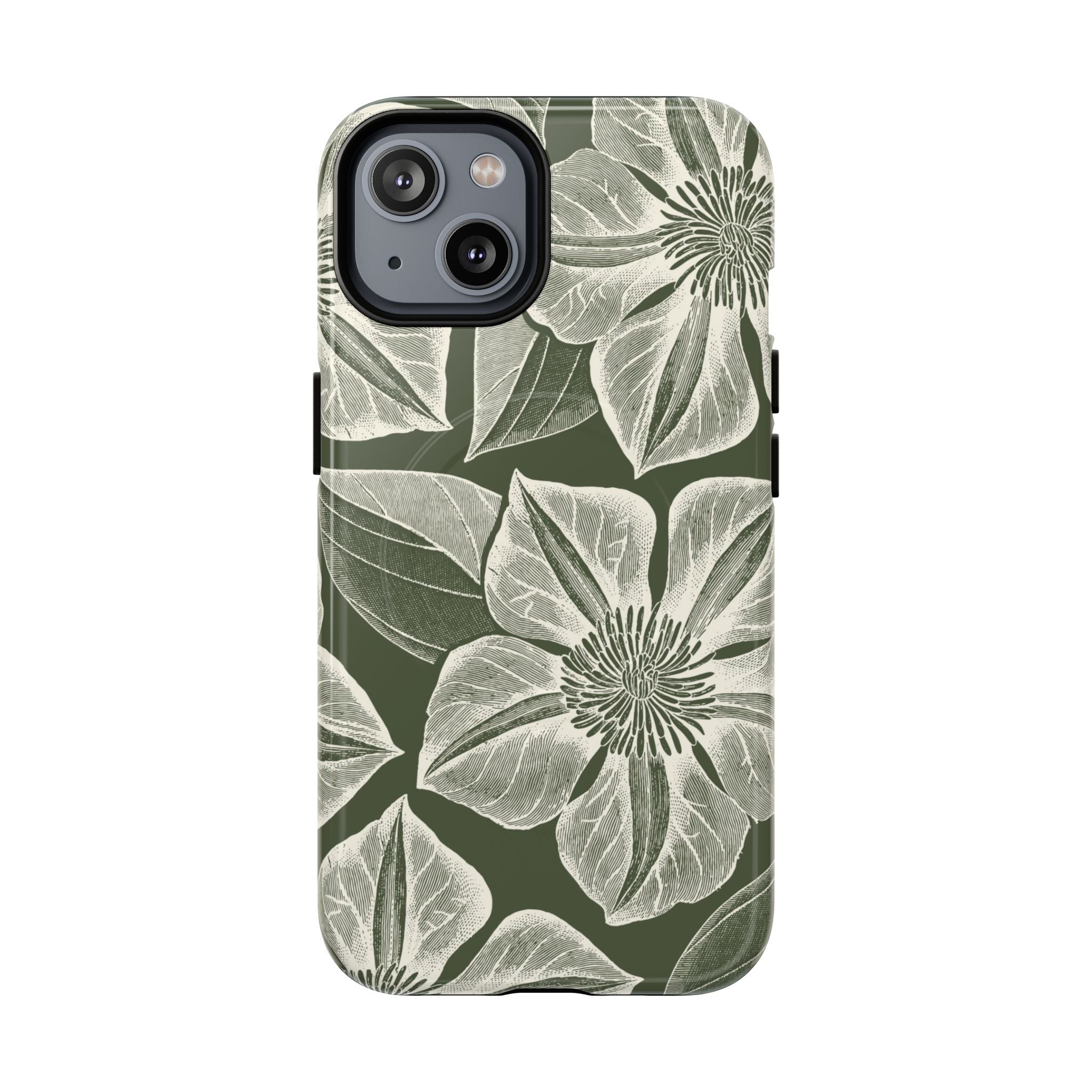 Vintage Bloom Cypress MagSafe iPhone 14 – Glossy | cypress green ground, large-scale white clematis print, engraved petal detail, dual-layer protection