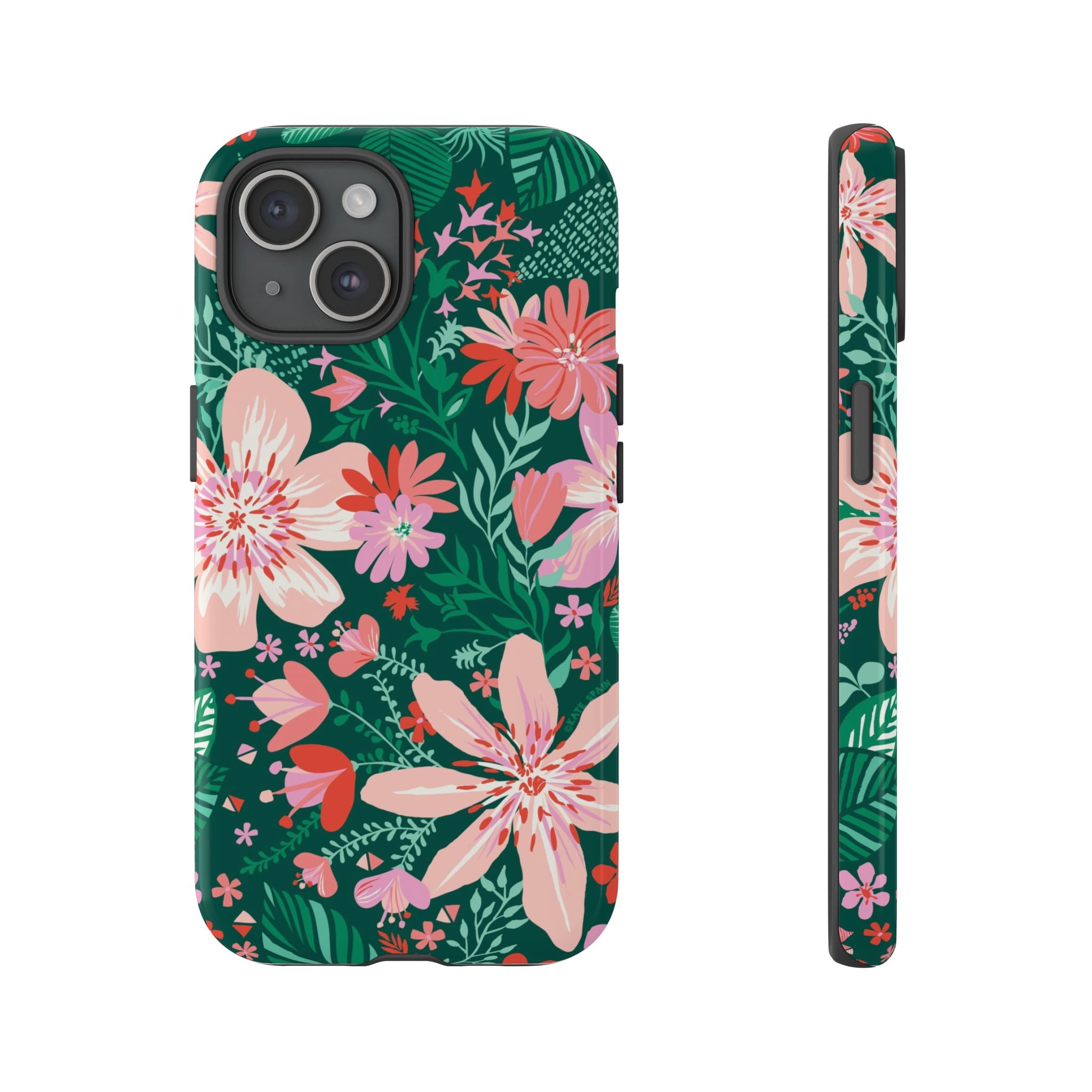 Bonaire Tough iPhone 15 Case – Glossy | jade, pink, white tropical floral botanical print