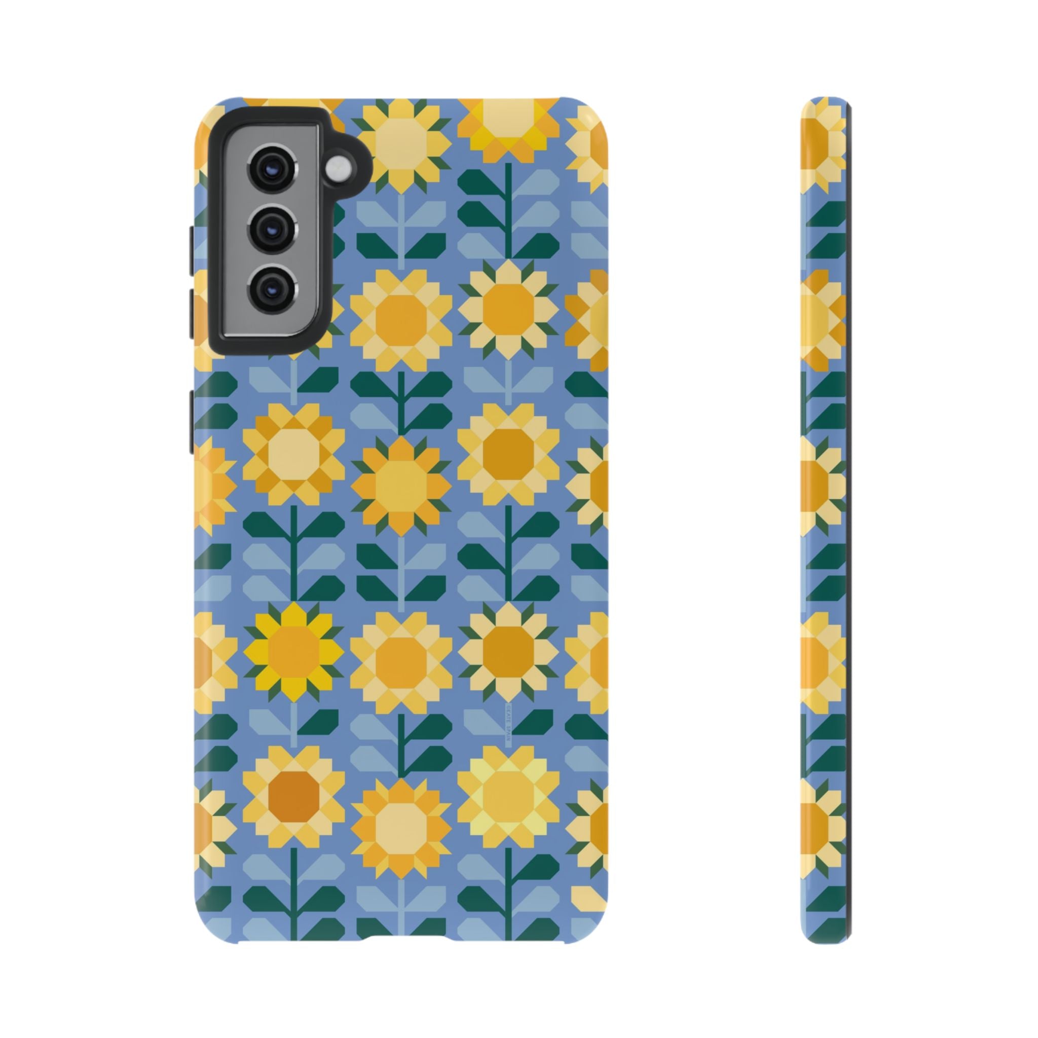 Luxury Sunflowers Samsung Galaxy S21 Plus Case – Glossy | blue, yellow, gold geometric sunflower print