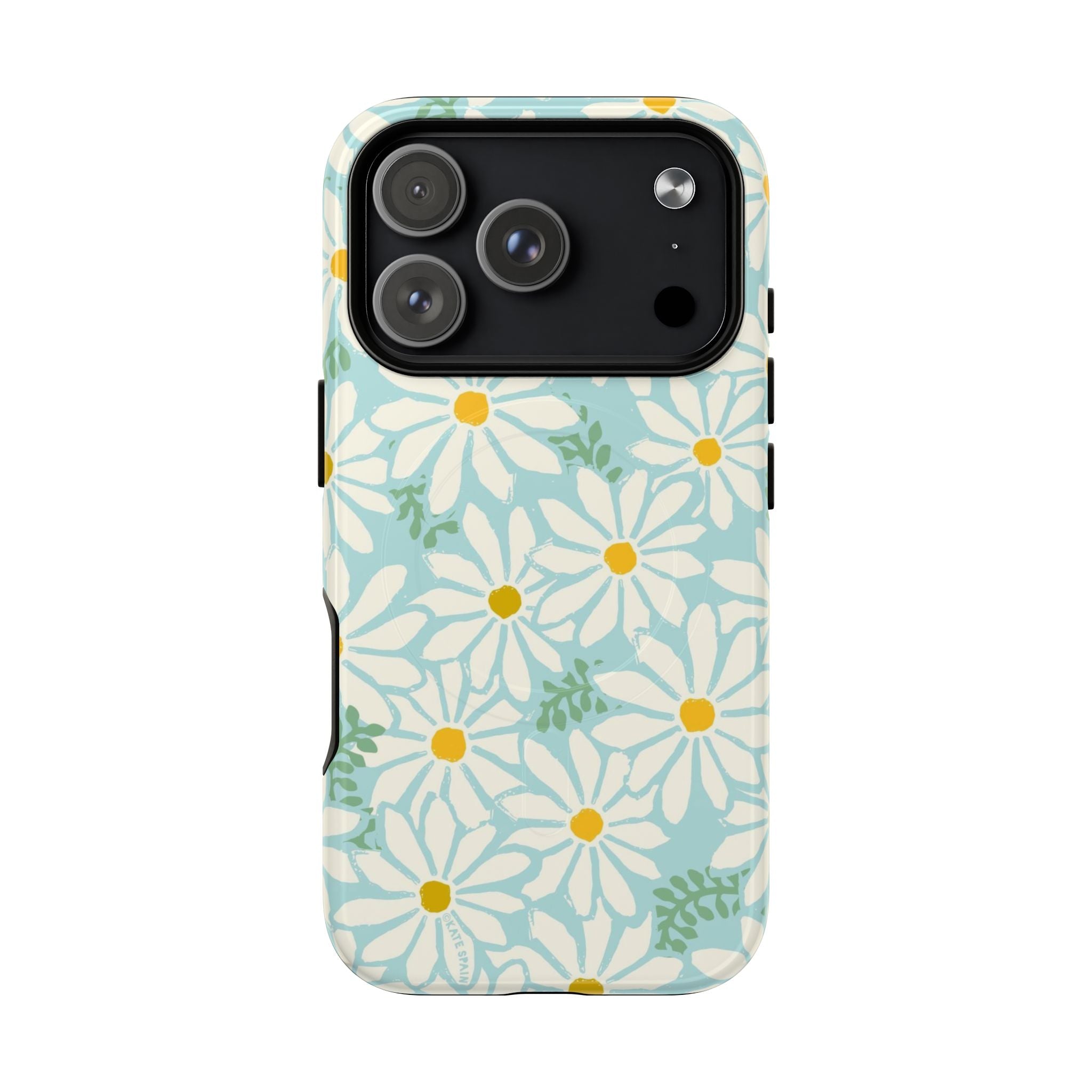 Daisies MagSafe iPhone 17 Pro Case – Glossy | mint, white, yellow botanical daisy floral print