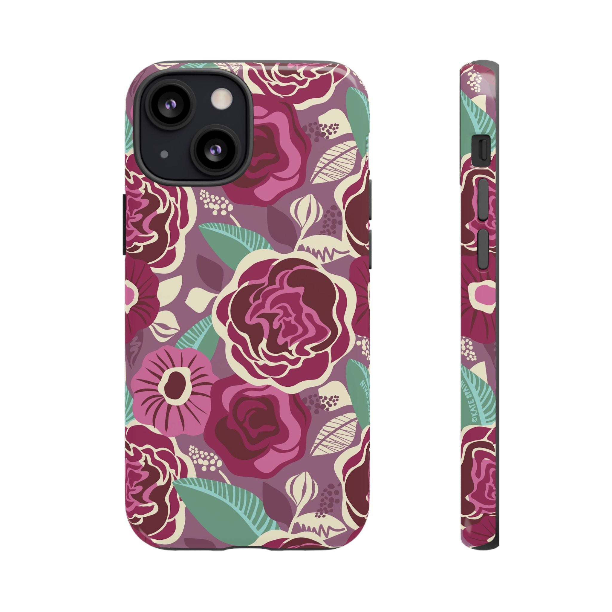 Tea Rose Burgundy Tough iPhone 13 Mini Case – Glossy | burgundy, magenta, plum botanical rose floral print