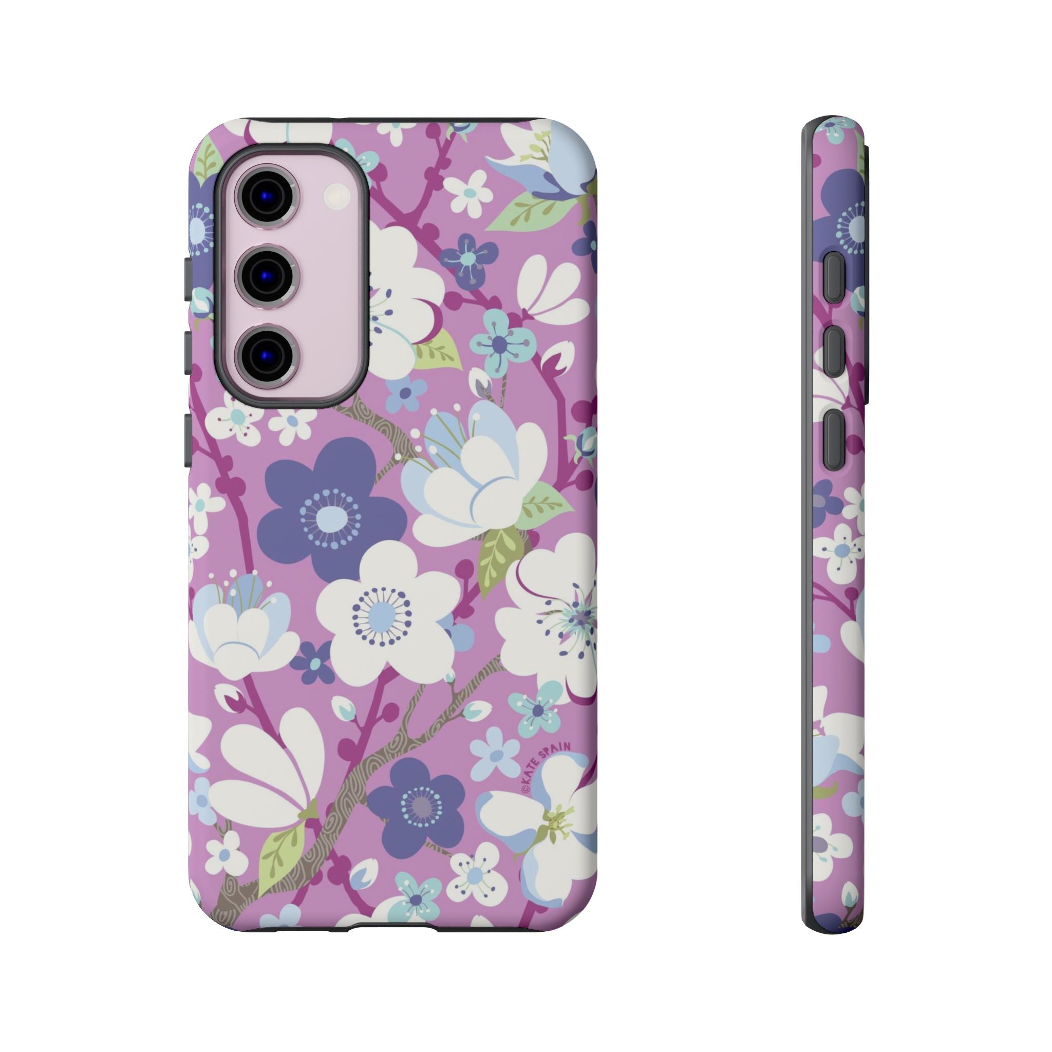 Cherry Blossom Samsung Galaxy S23 Plus Case – Matte | mauve, white, periwinkle cherry blossom floral print