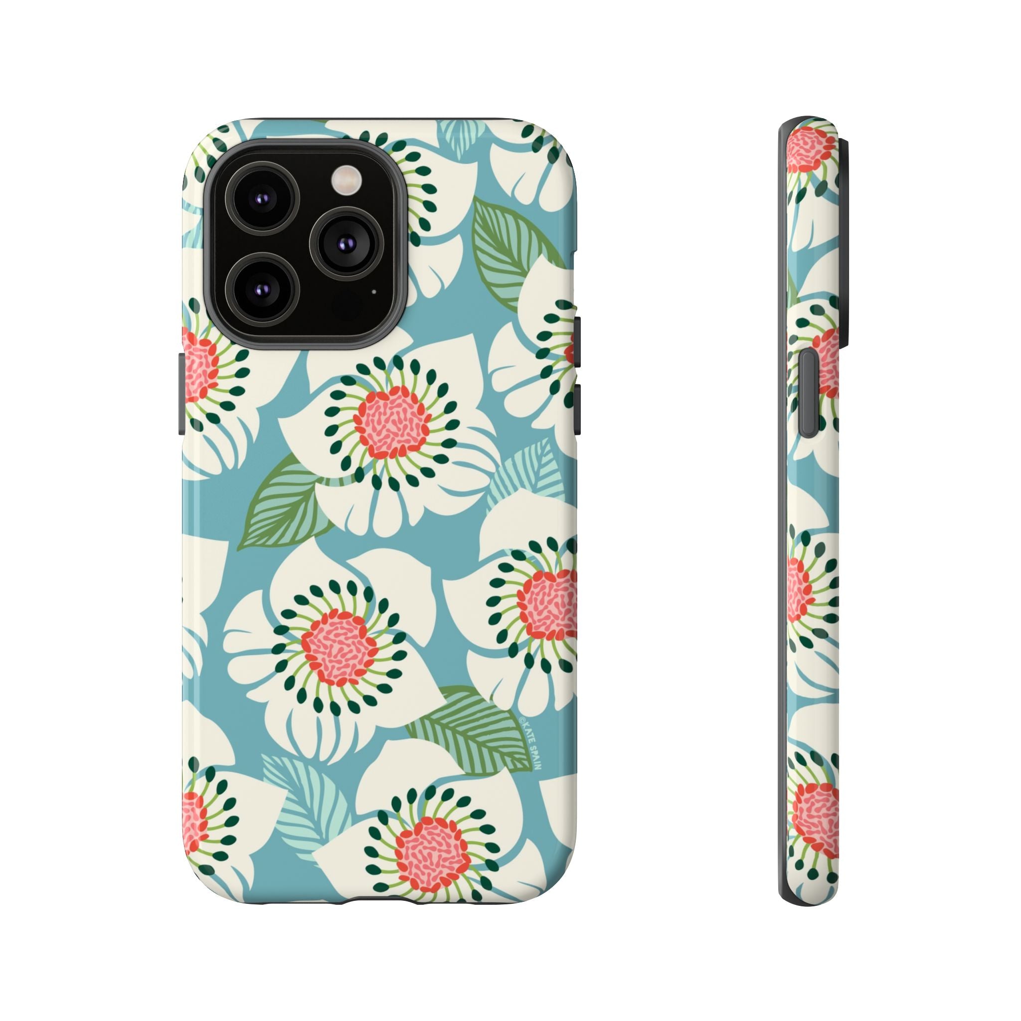 Panache Floral Tough iPhone 14 Pro Max Case – Glossy | sky blue, pale cream, pink anemone floral print