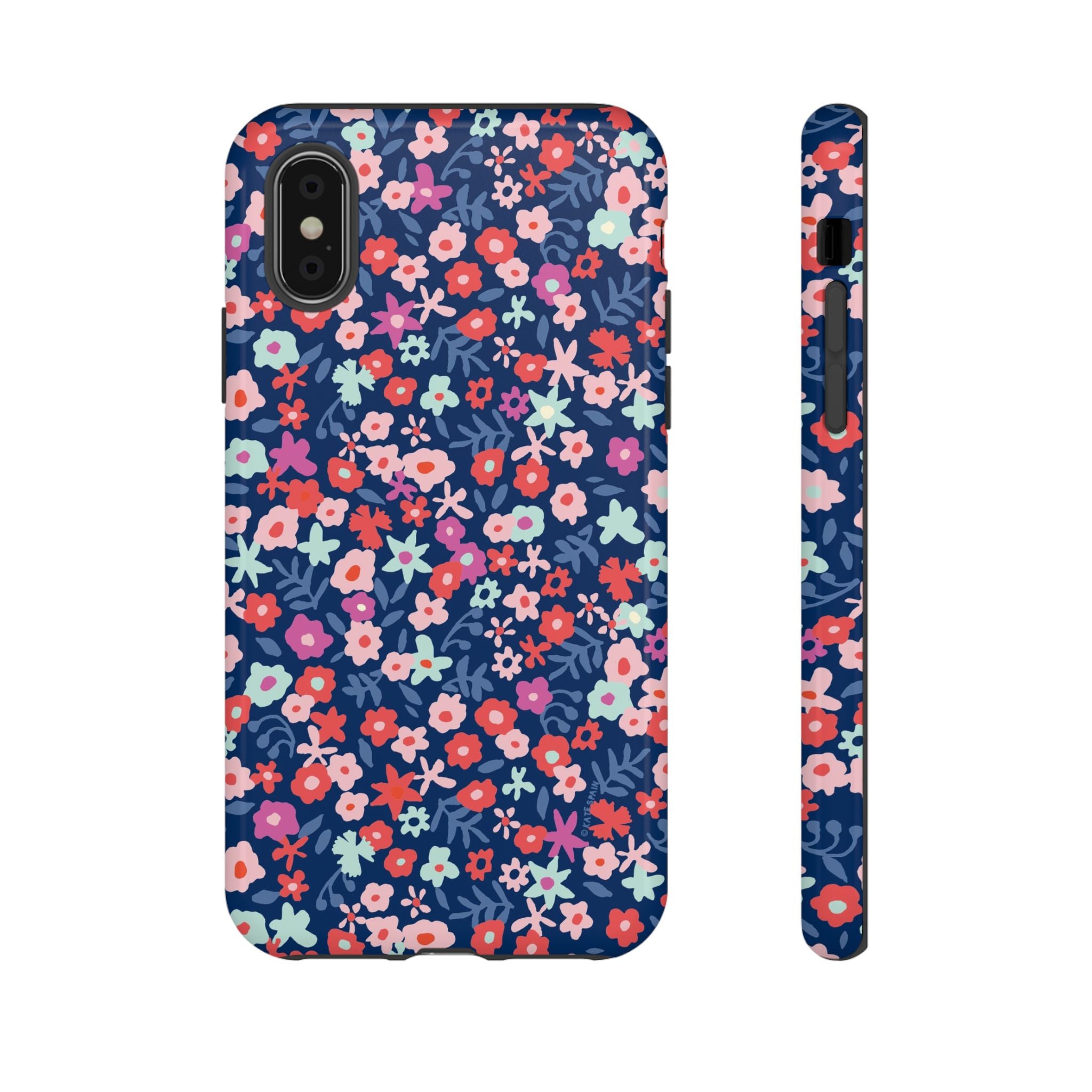 Primrose Tough iPhone X Case – Glossy | navy, pink, white ditsy floral print