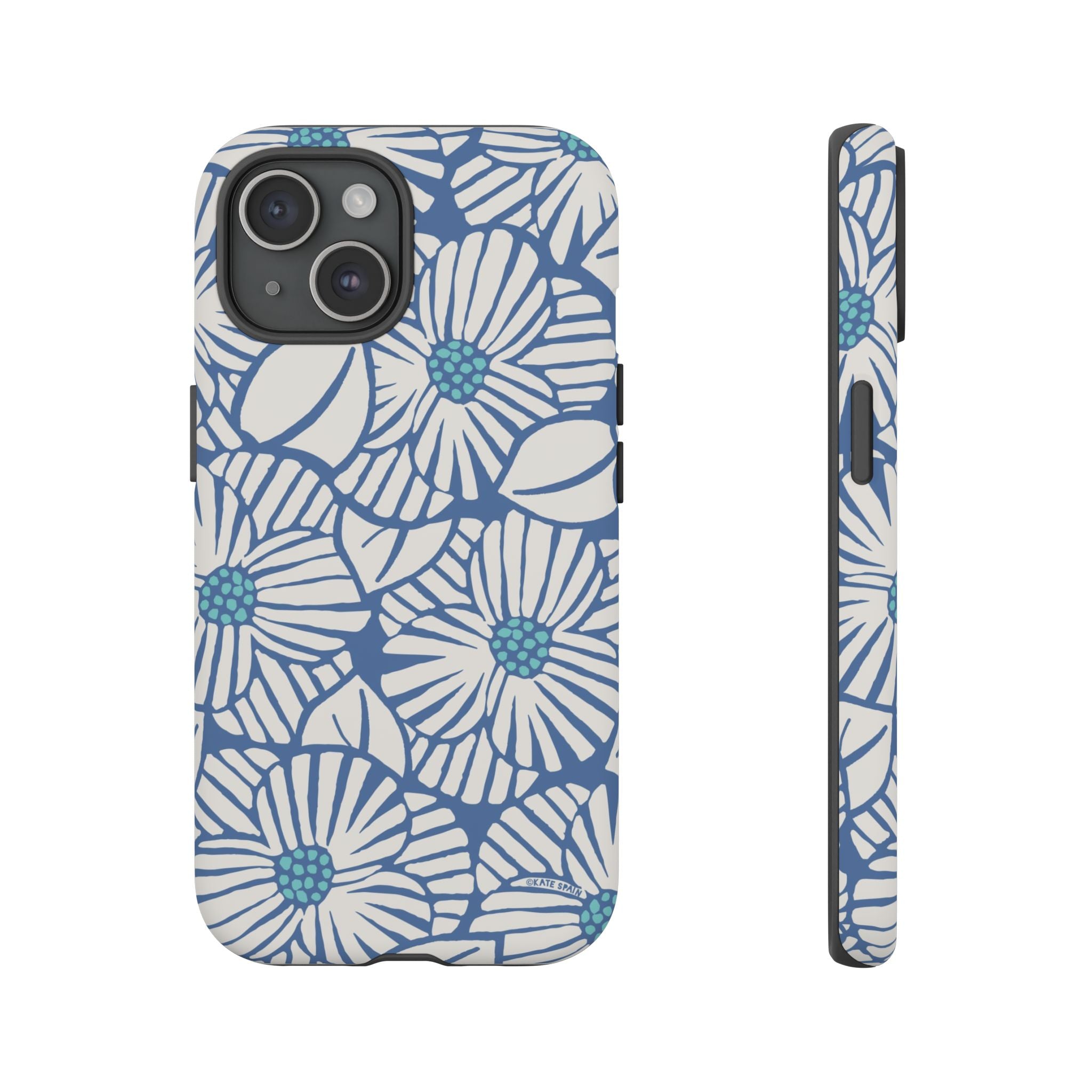 Calendula Tough iPhone 15 Case – Matte | periwinkle, cream, teal graphic daisy floral print