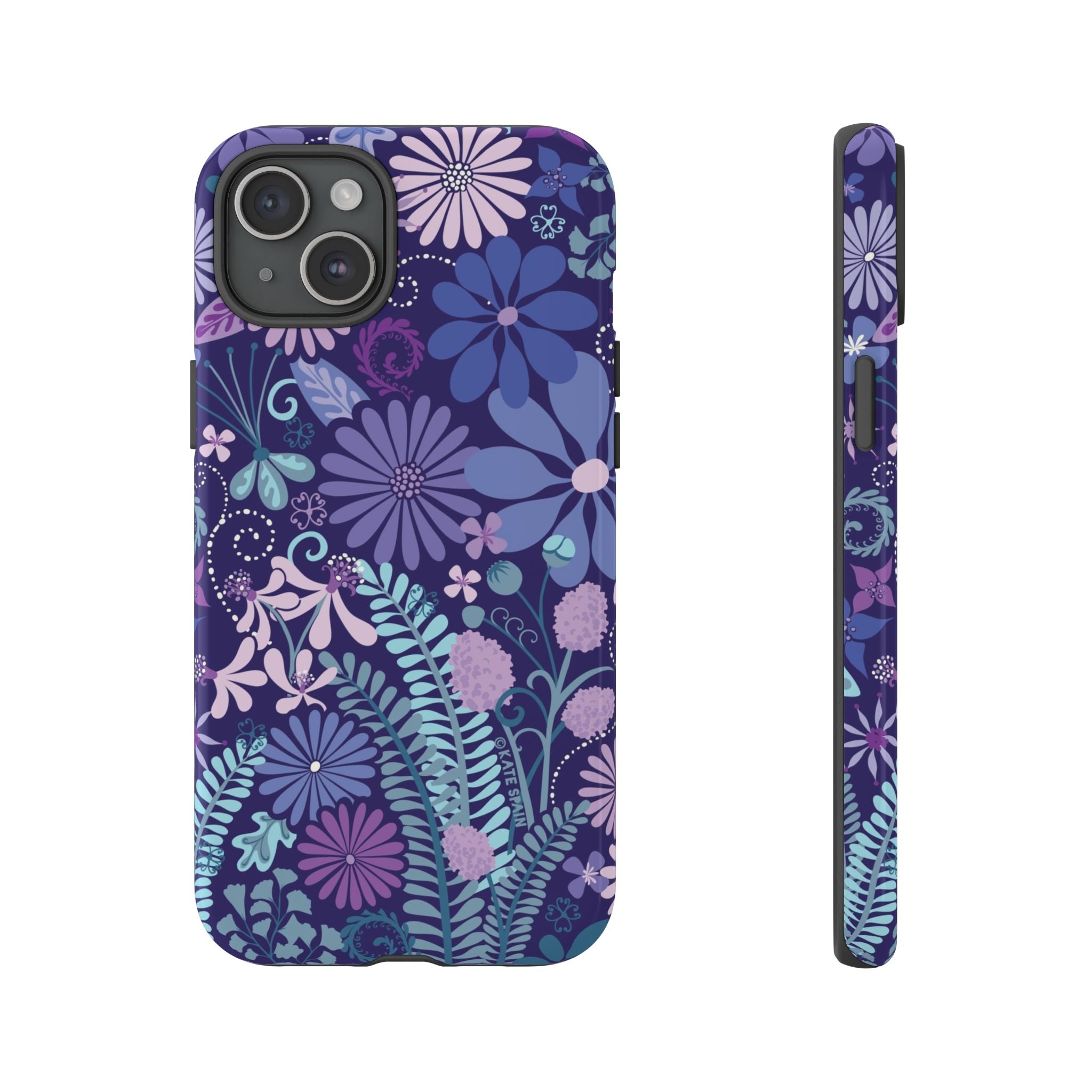 Luxury Terrain Tough iPhone 15 Plus Case – Glossy | navy, purple, aqua botanical woodland floral print