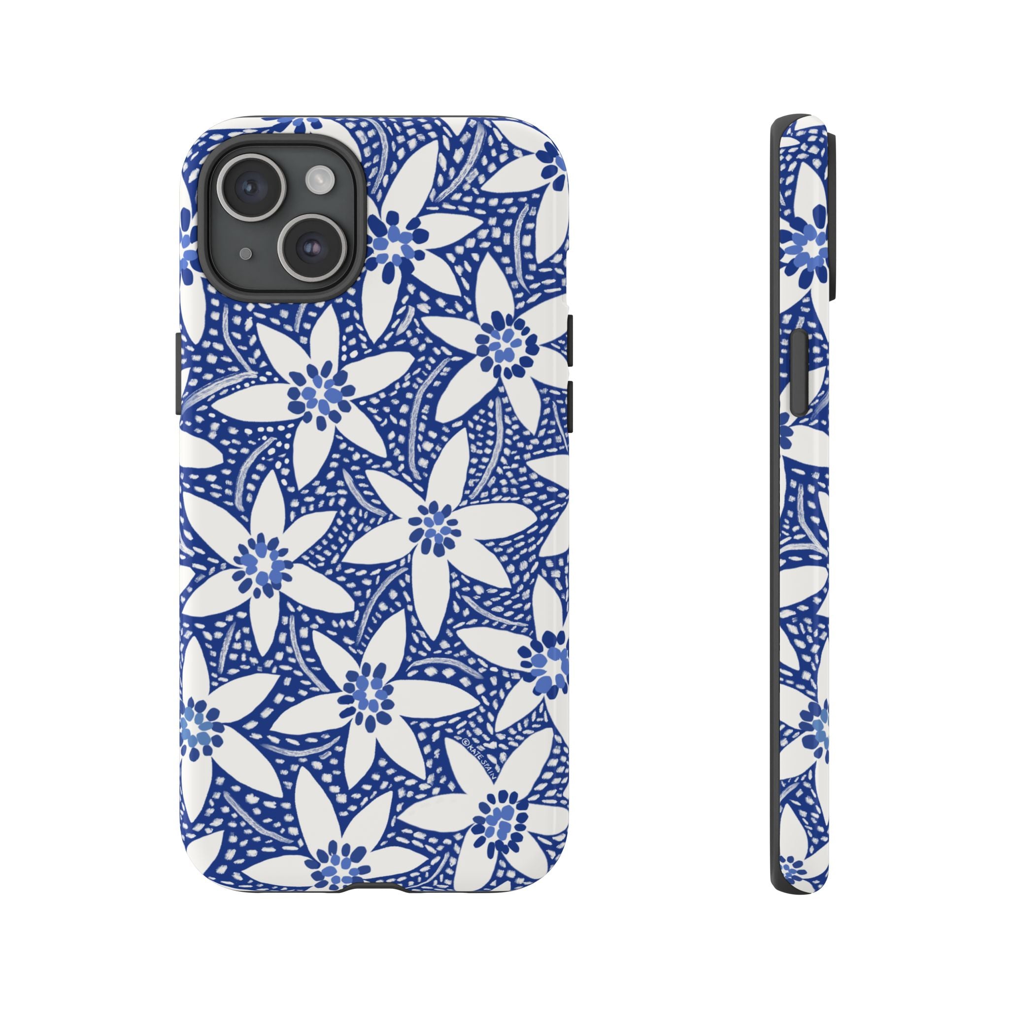 Starflower iPhone 15 Plus Case – Glossy | navy, white geometric starflower print