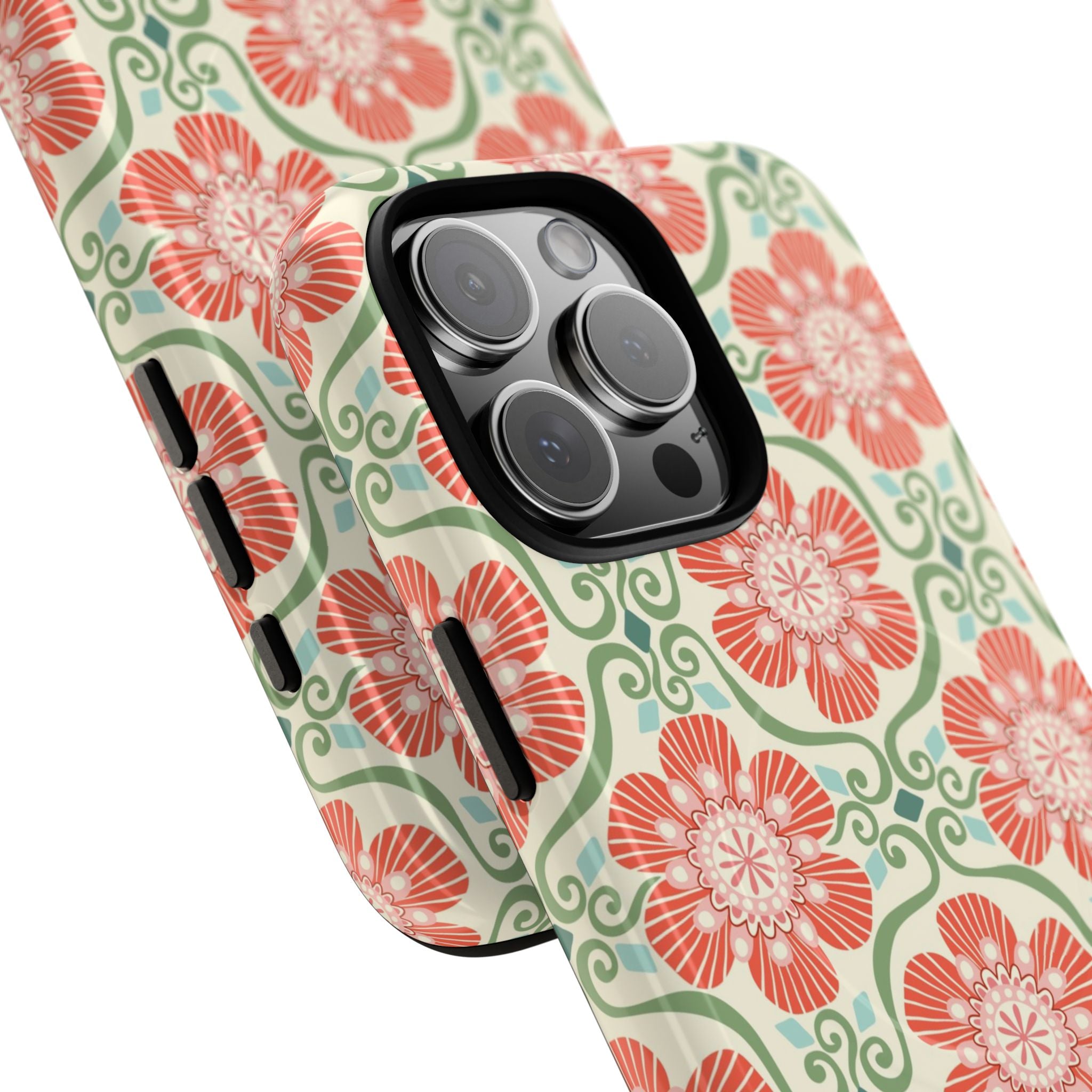 Barcelona Flowers MagSafe iPhone 16 Pro Max Case – Glossy | cream, coral, sage botanical floral print | angled view closeup of camera cutout and buttons