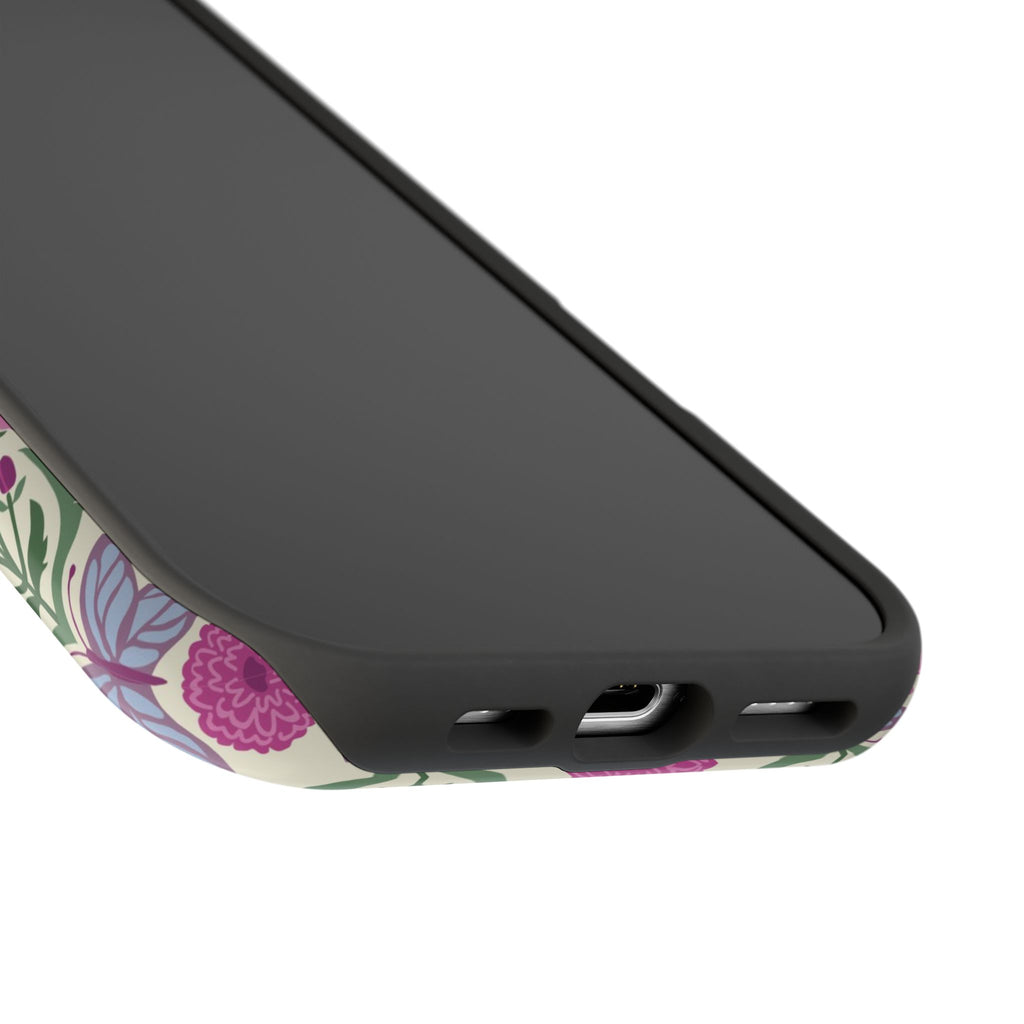 Butterfly MagSafe iPhone 17 Pro Max Case – close up of front bottom of case with ports | cream, magenta, periwinkle butterfly floral print