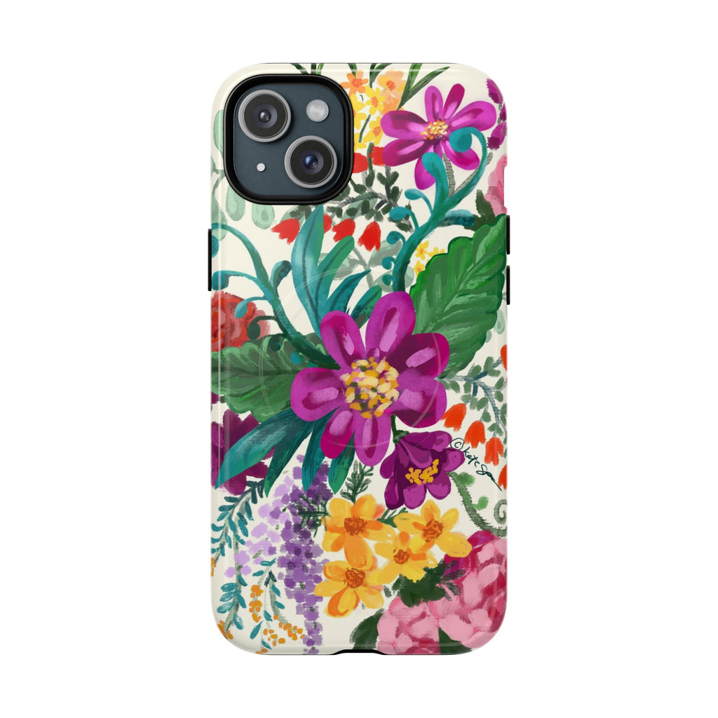 Posy MagSafe iPhone 15 Plus Case – Glossy | cream, magenta, coral botanical floral print