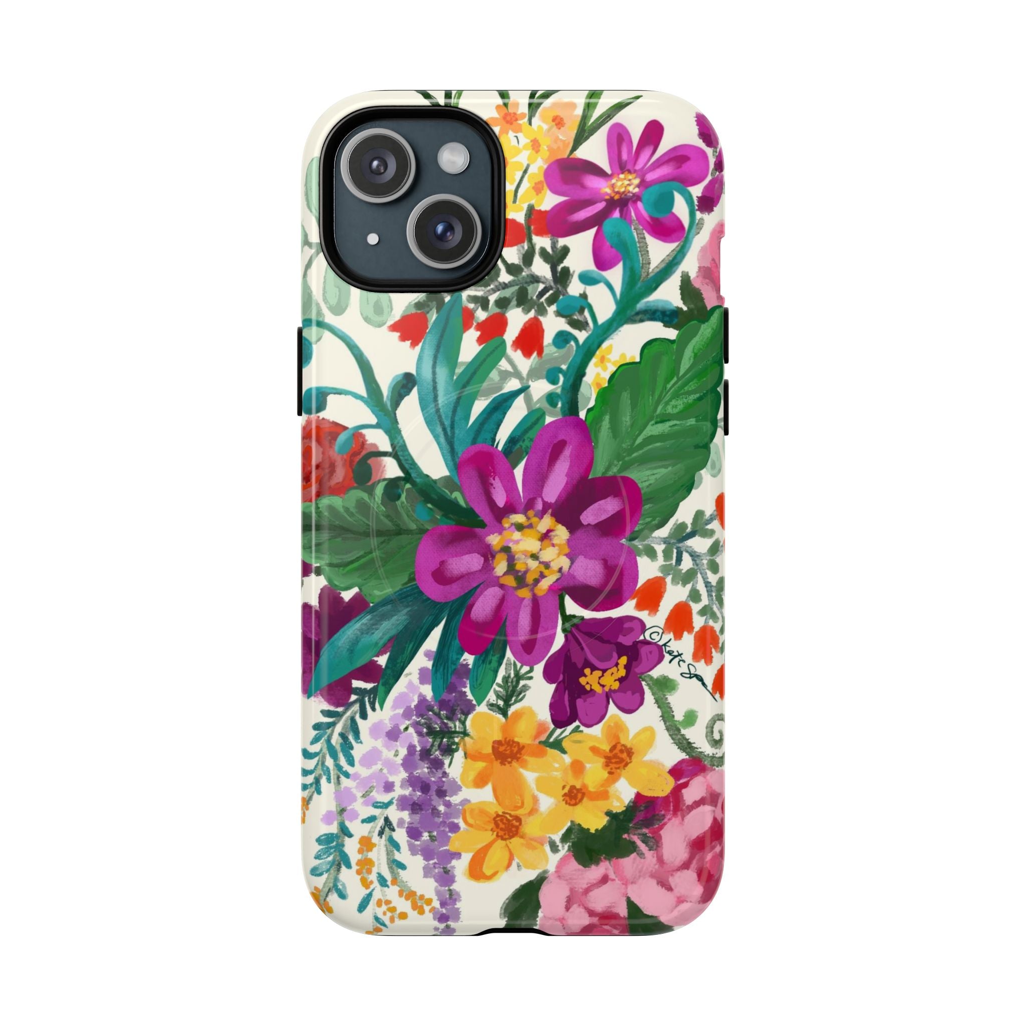 Posy MagSafe iPhone 15 Plus Case – Glossy | cream, magenta, coral botanical floral print