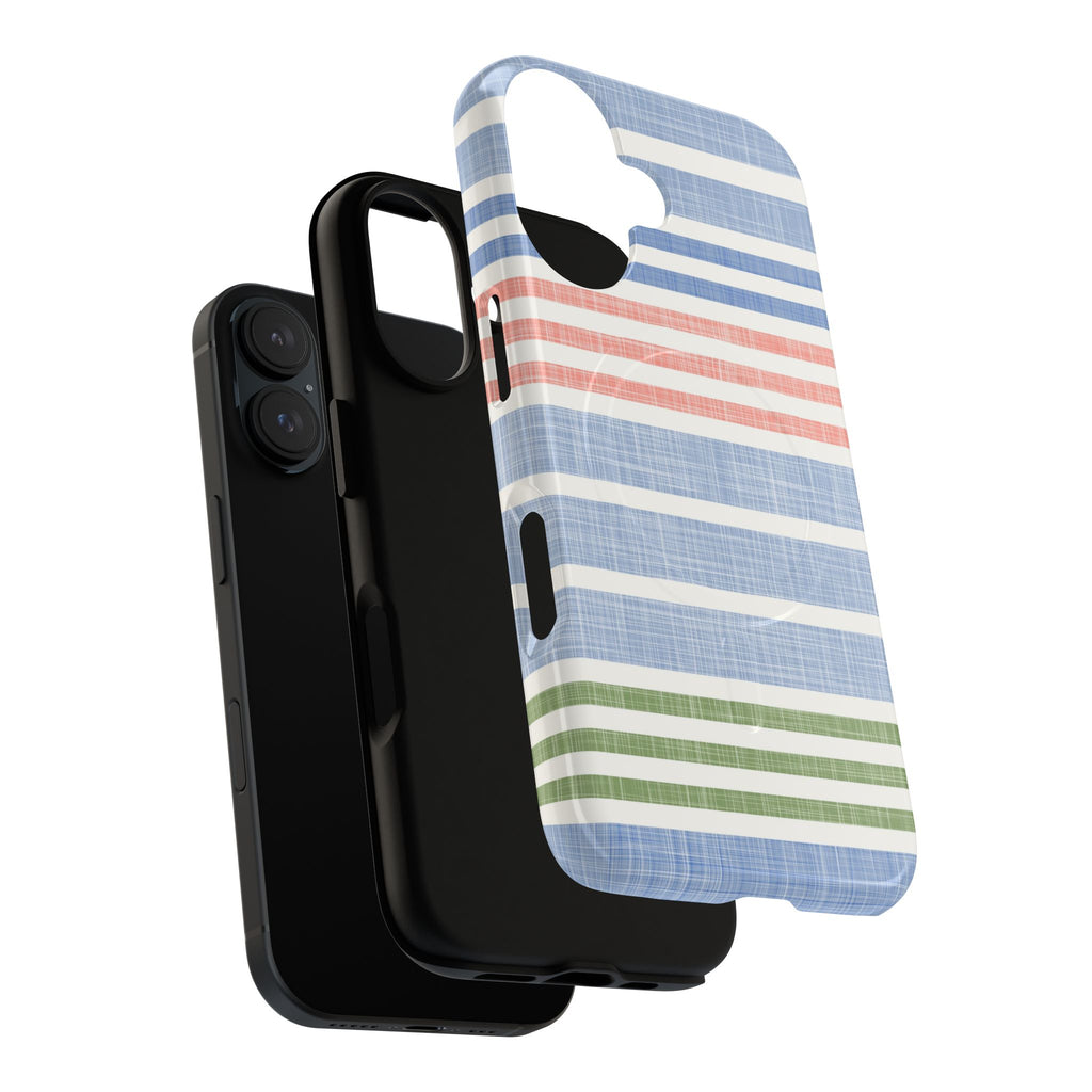 Cabana Stripe Pastel MagSafe iPhone 17 Case – Dual-layered view of case and inner lining in front of phone, with view of camera cutout and buttons | soft blue, coral, sage green chambray-textured stripe print MagSafe compatible, dual-layer protection
