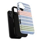 Cabana Stripe Pastel MagSafe iPhone 17 Case – Dual-layered view of case and inner lining in front of phone, with view of camera cutout and buttons | soft blue, coral, sage green chambray-textured stripe print MagSafe compatible, dual-layer protection