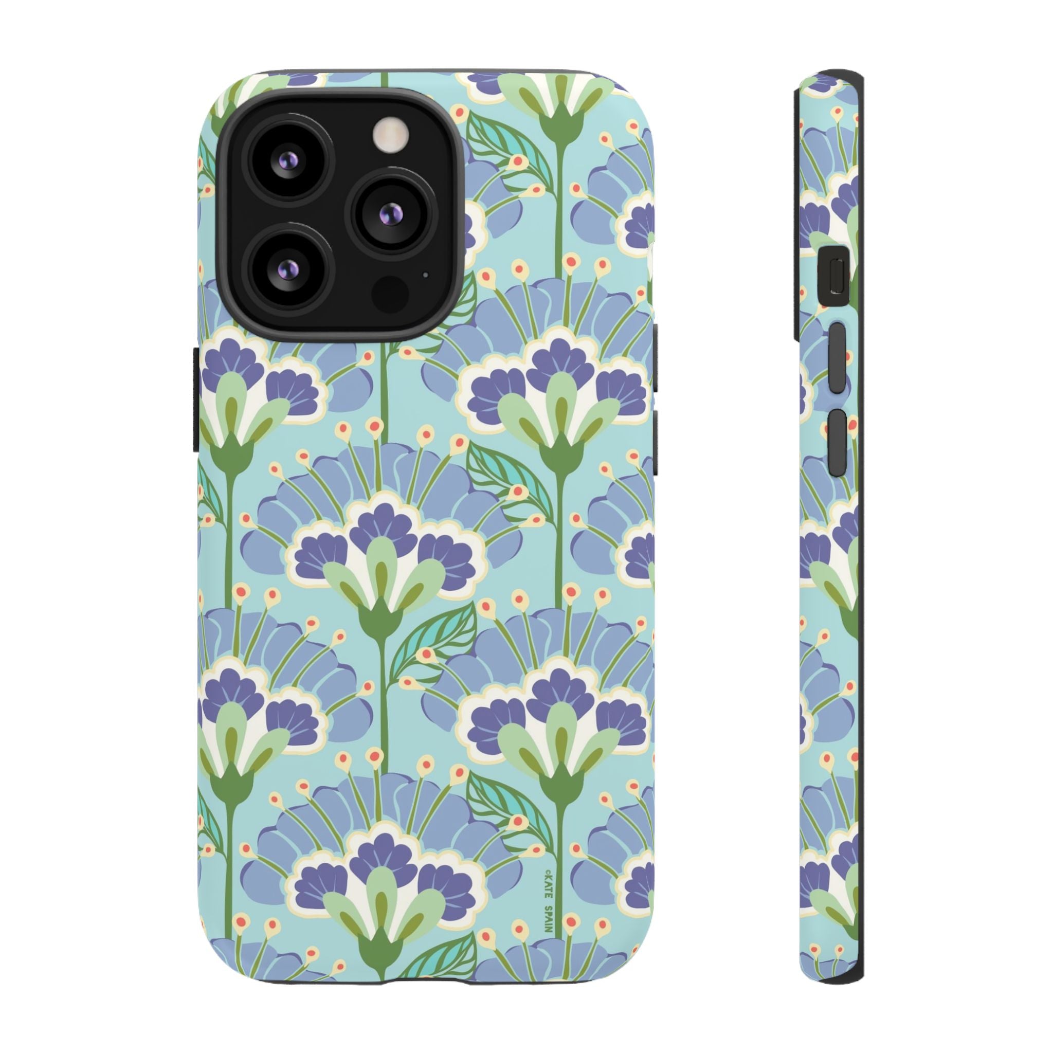 Lantern Flower Tough iPhone 13 Pro Case – Matte | aqua, periwinkle, green botanical lantern floral print