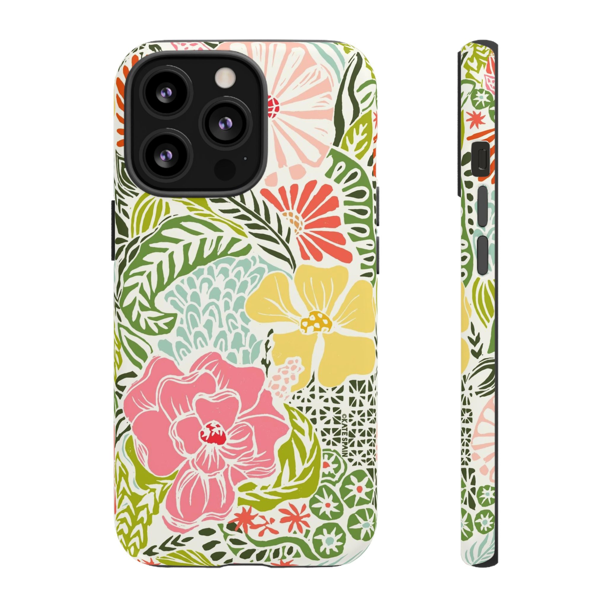 Tropica Tough iPhone 13 Pro Case – Matte | cream, pink, yellow, blue botanical floral print
