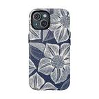 Vintage Bloom Navy MagSafe iPhone 15 Case – Matte | navy ground, large-scale white clematis print, engraved petal detail, dual-layer protection