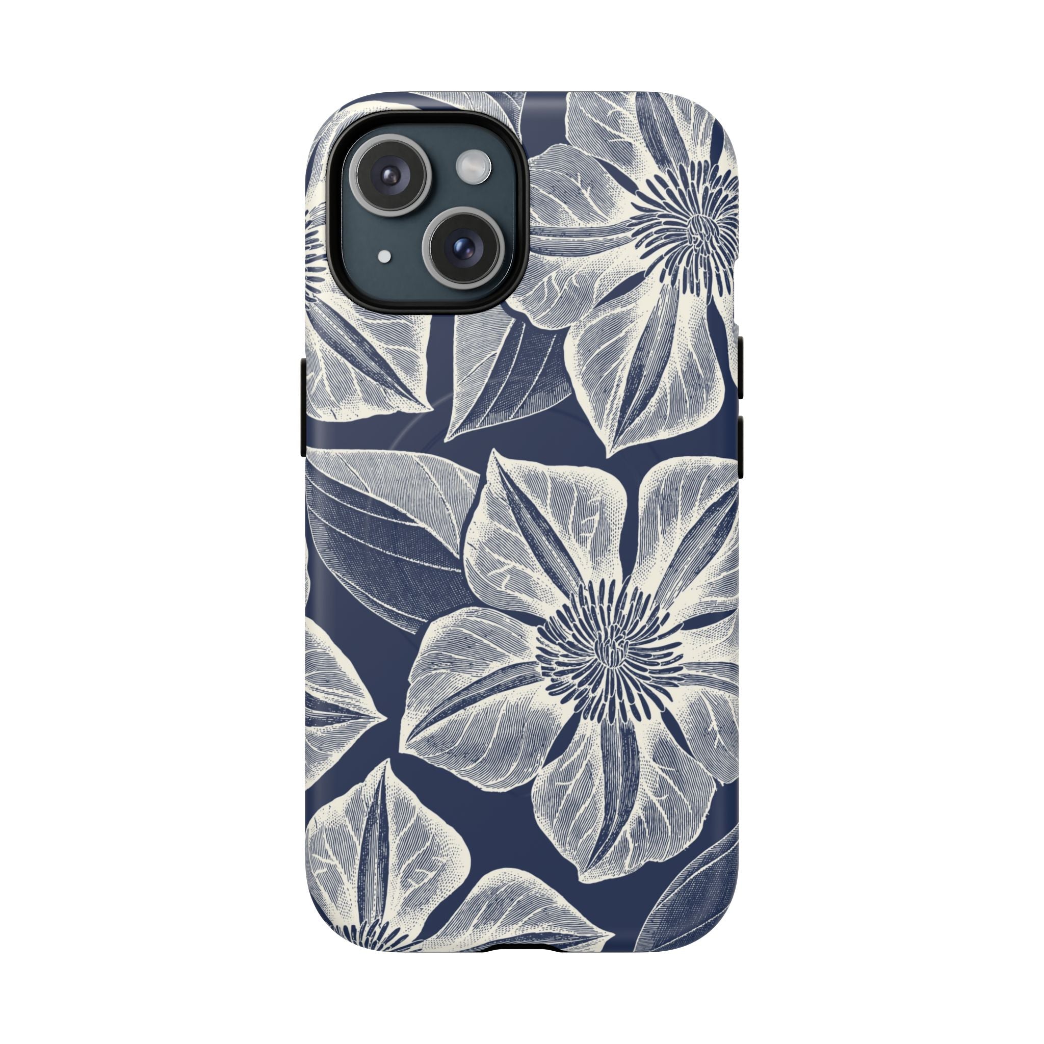 Vintage Bloom Navy MagSafe iPhone 15 Case – Matte | navy ground, large-scale white clematis print, engraved petal detail, dual-layer protection