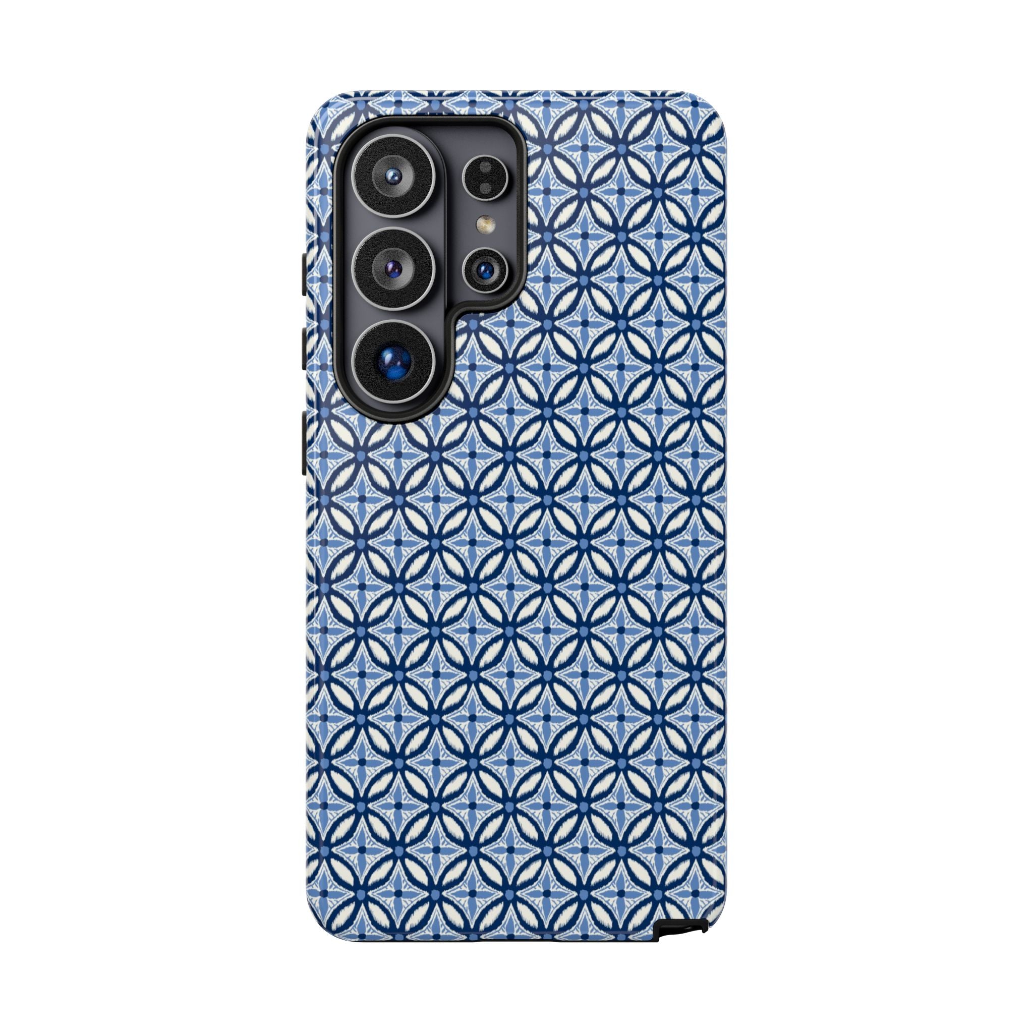 Light blue Samsung Galaxy case with navy and periwinkle ikat geometric pattern — botanical phone case by Kate Spain for Floriori