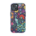 Peacock Sanctuary MagSafe iPhone 15 Case – Matte | navy, teal, coral multicolor vibrant peacock feather botanical print