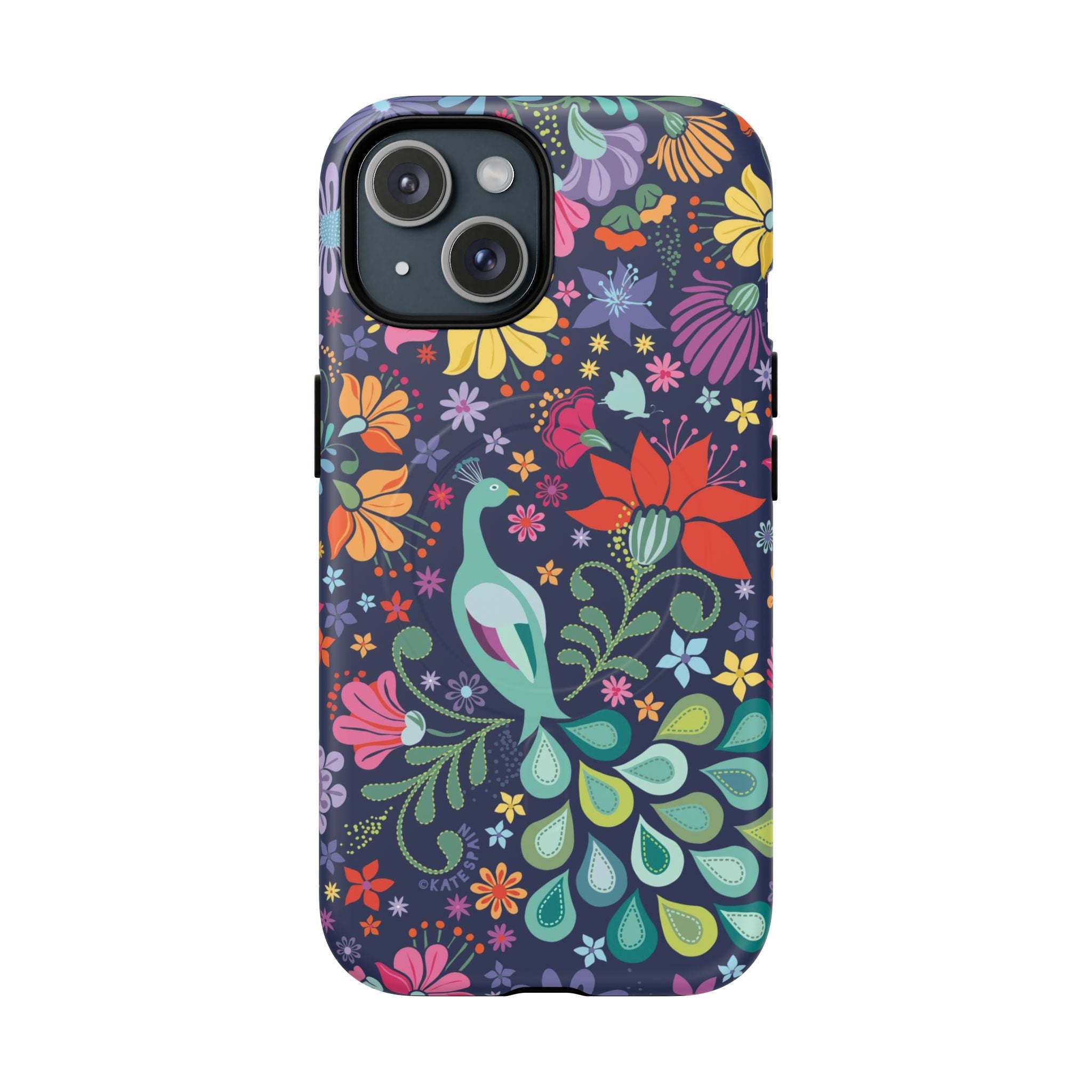 Peacock Sanctuary MagSafe iPhone 15 Case – Matte | navy, teal, coral multicolor vibrant peacock feather botanical print