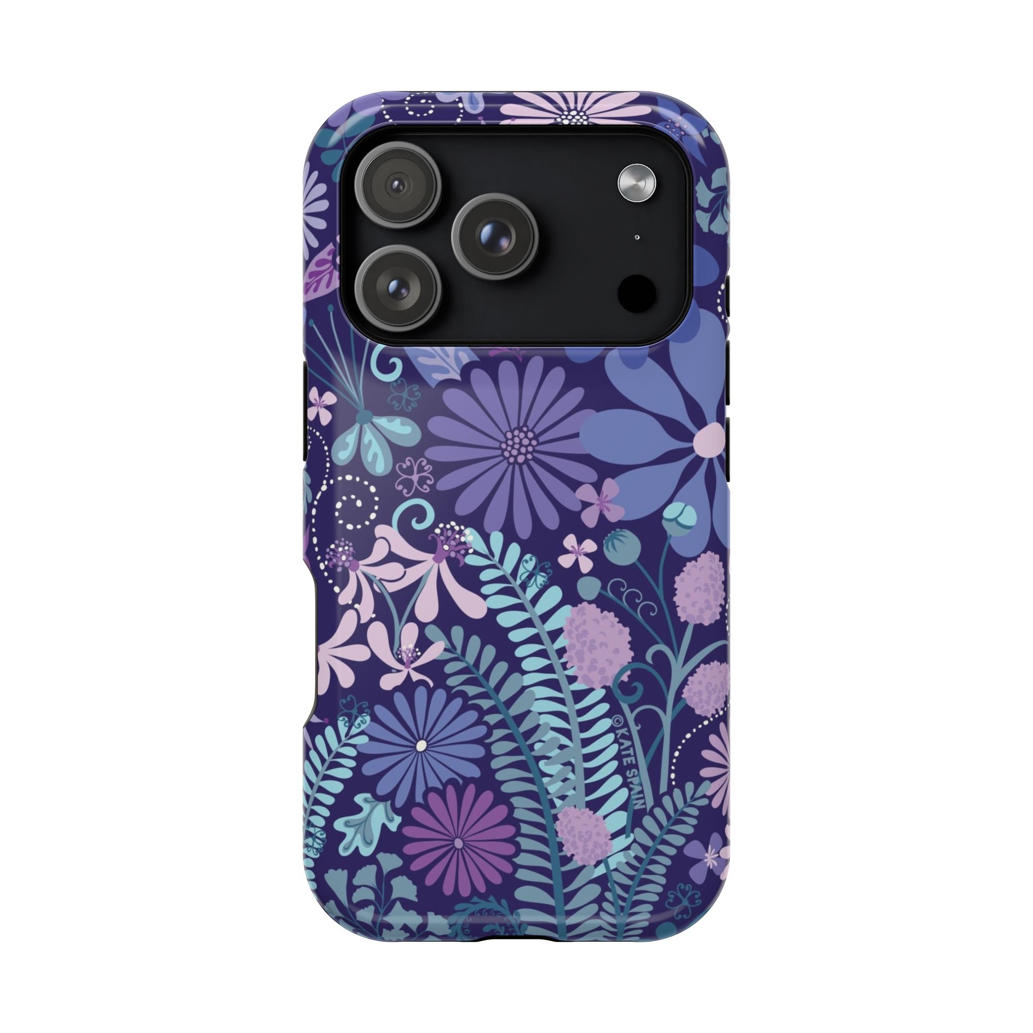 Luxury Terrain MagSafe iPhone 17 Pro Case – Glossy | navy, purple, aqua botanical woodland floral print