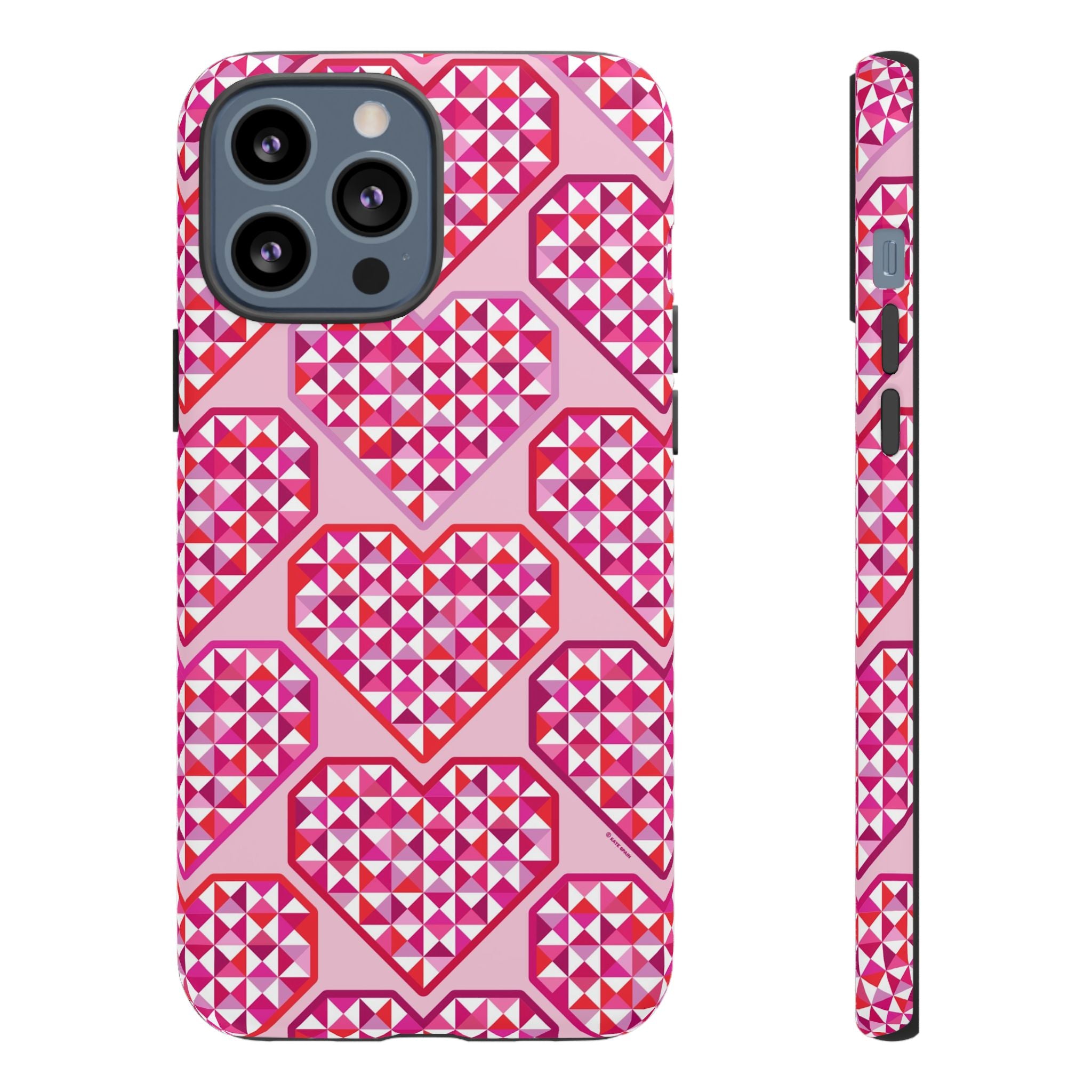 Pink Pyramid Heart Tough iPhone 13 Pro Max Case – Matte | blush, pink, magenta, red geometric pyramid heart print