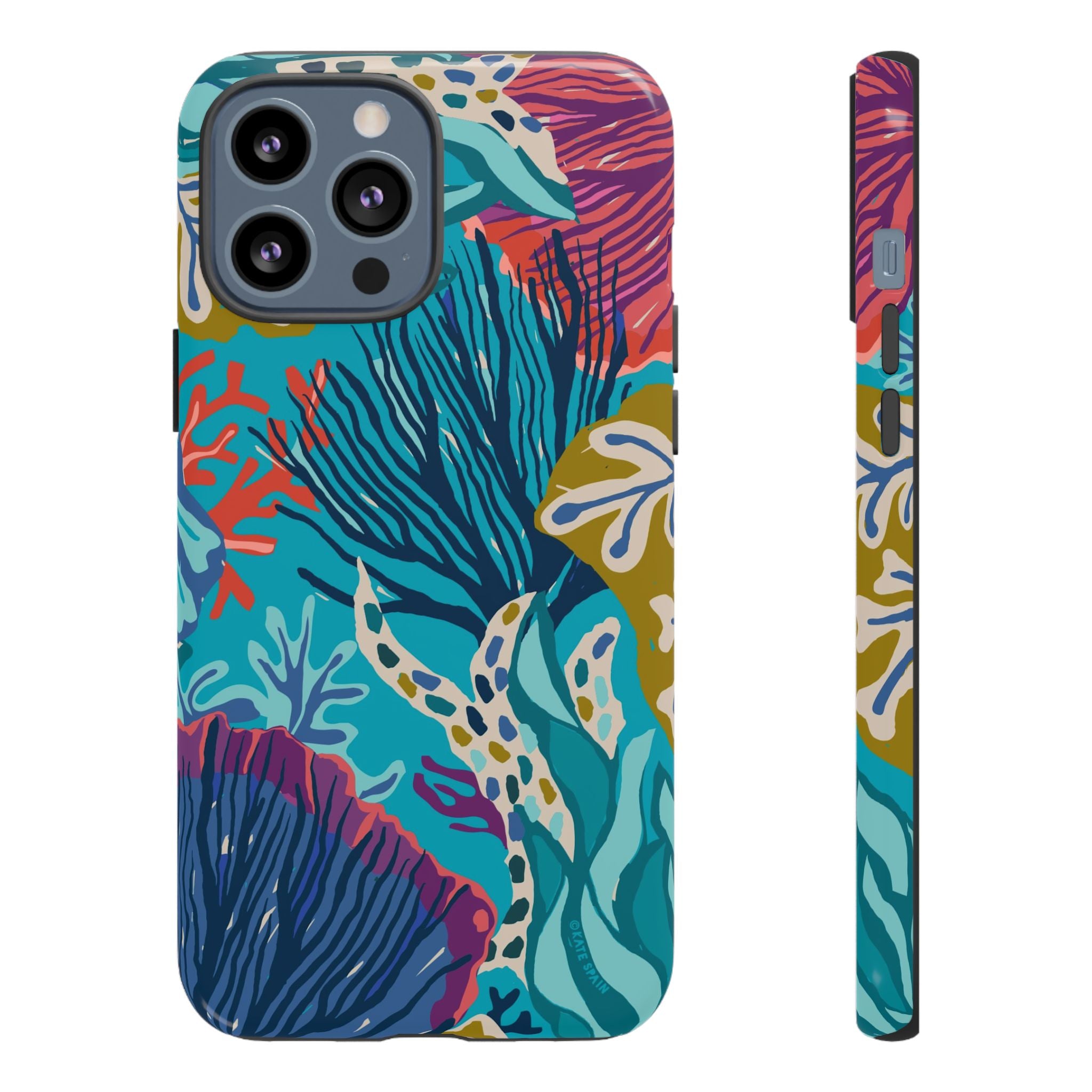 Reef Tough iPhone 13 Pro Max Case – Glossy | teal, coral, navy, purple botanical coral reef print