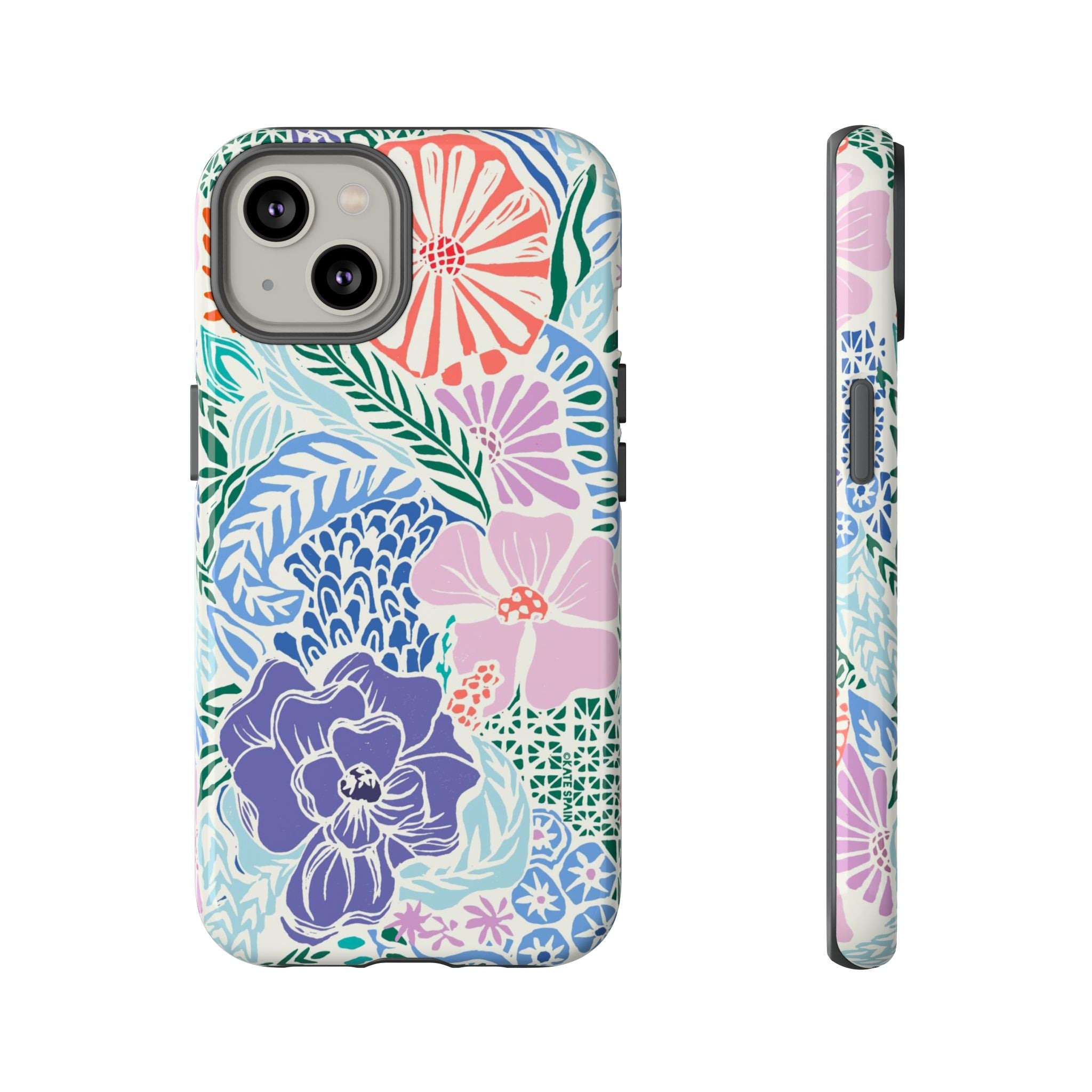 Tropica Tough iPhone 14 Case – Glossy | purple, coral, pink, blue botanical tropical floral print