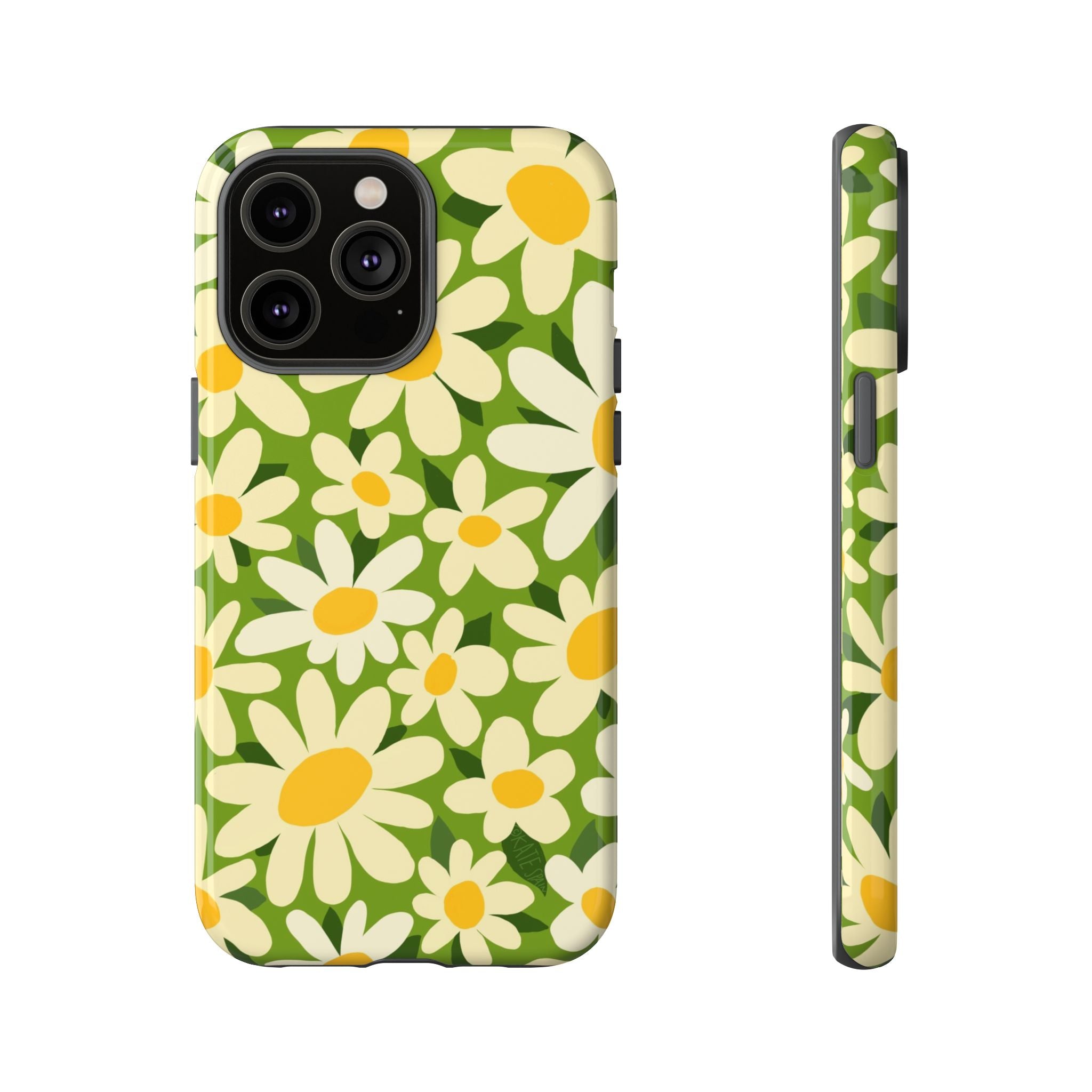 Shasta Daisy Tough iPhone 14 Pro Max Case – Glossy | green, white, yellow daisy floral print