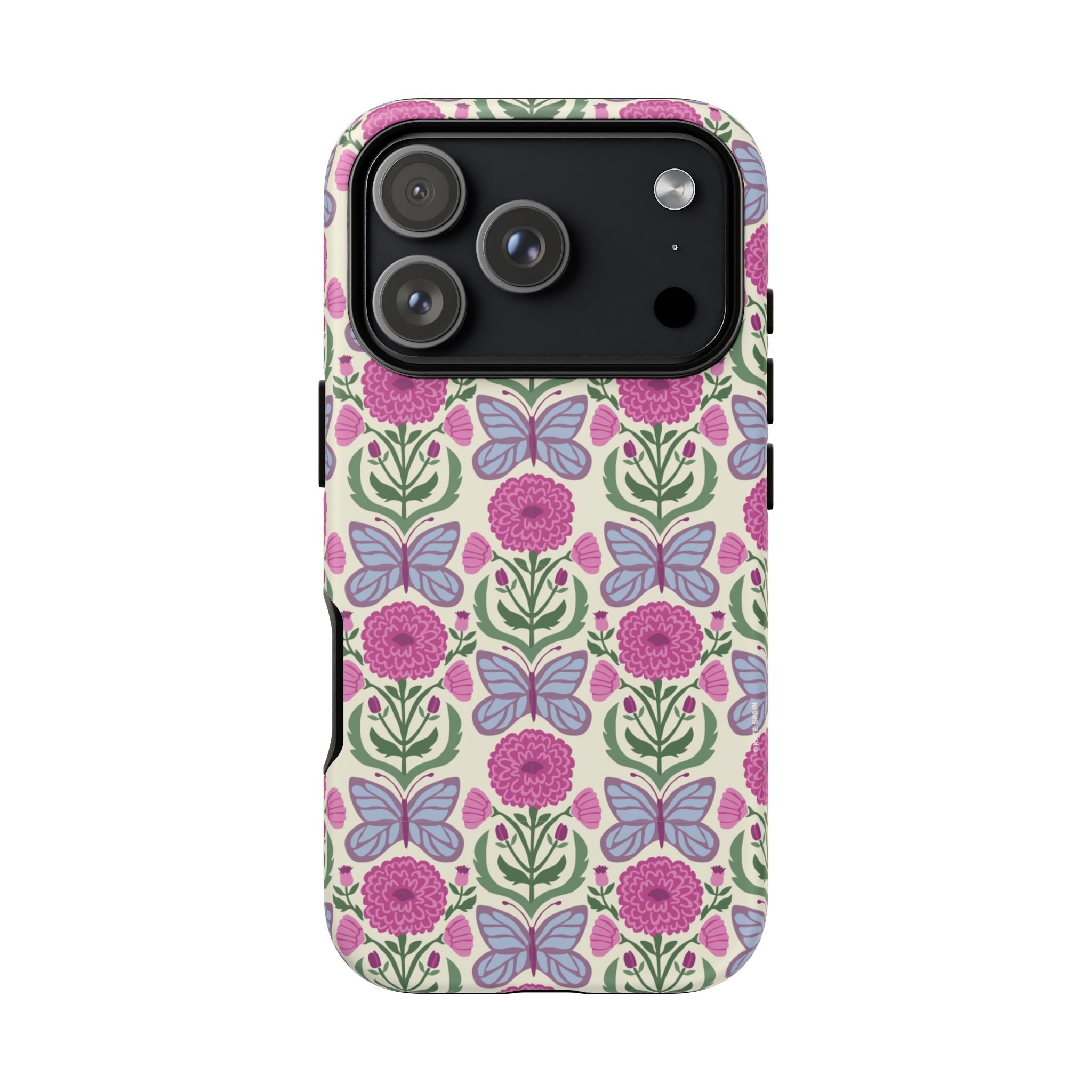 Butterfly Tough iPhone 17 Pro Case – Matte | cream, magenta, periwinkle butterfly floral print