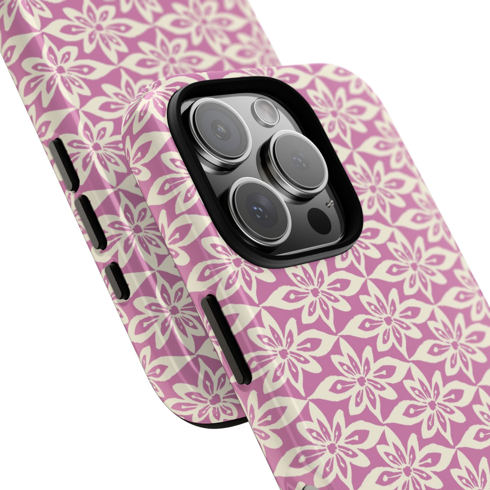 Lily Rose iPhone 16 Pro Max Case – Glossy | angled view showing camera cutout and buttons — botanical phone case by Kate Spain