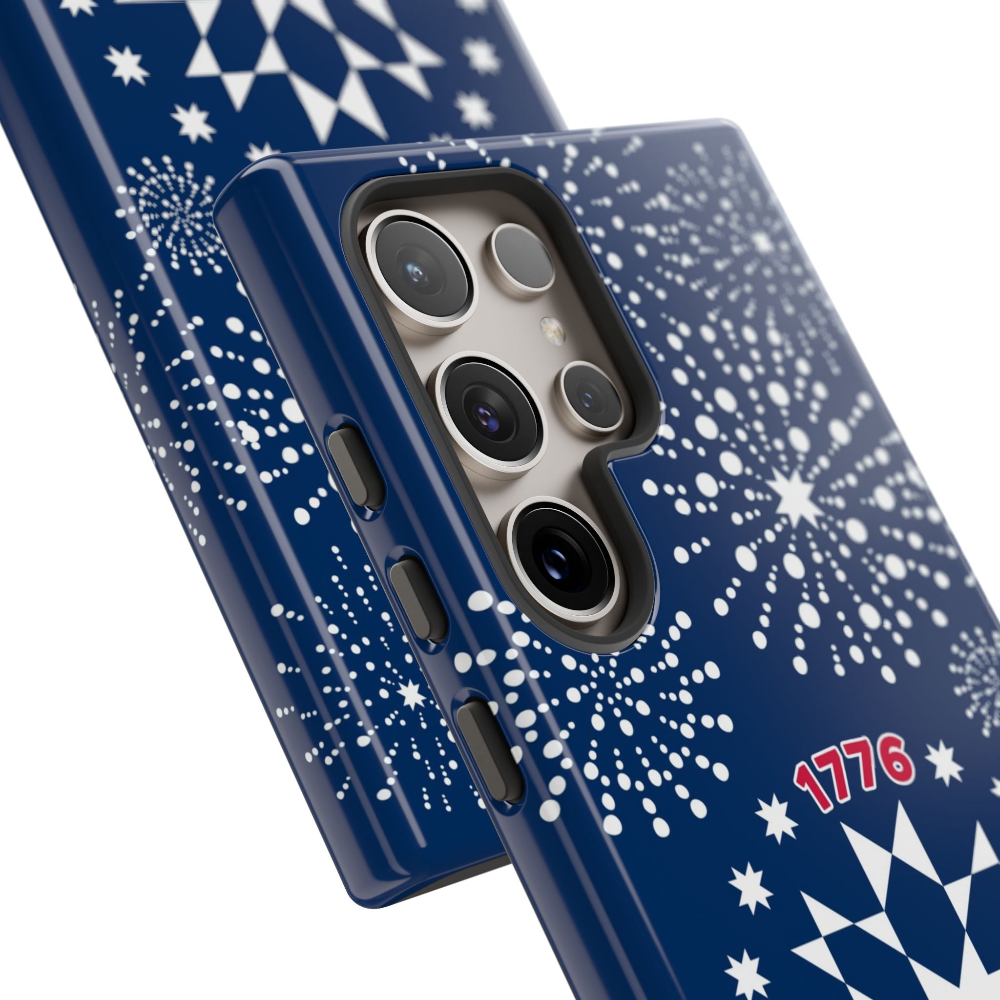 250th Fireworks Samsung Galaxy S24 Ultra Case – side view of buttons and camera cut-out in case in navy, white patriotic star quilt fireworks print