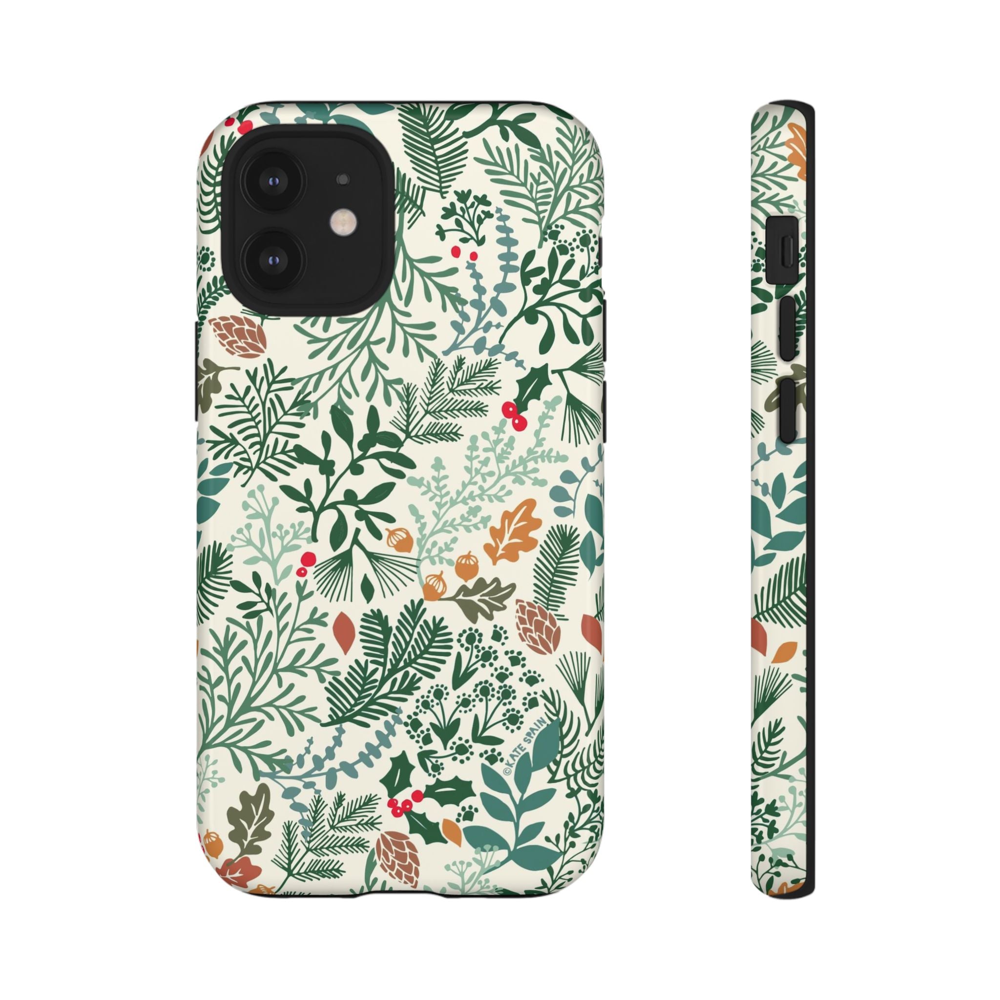 Juniper Tough iPhone 12 Mini Case – Glossy | cream, green, red botanical woodland print