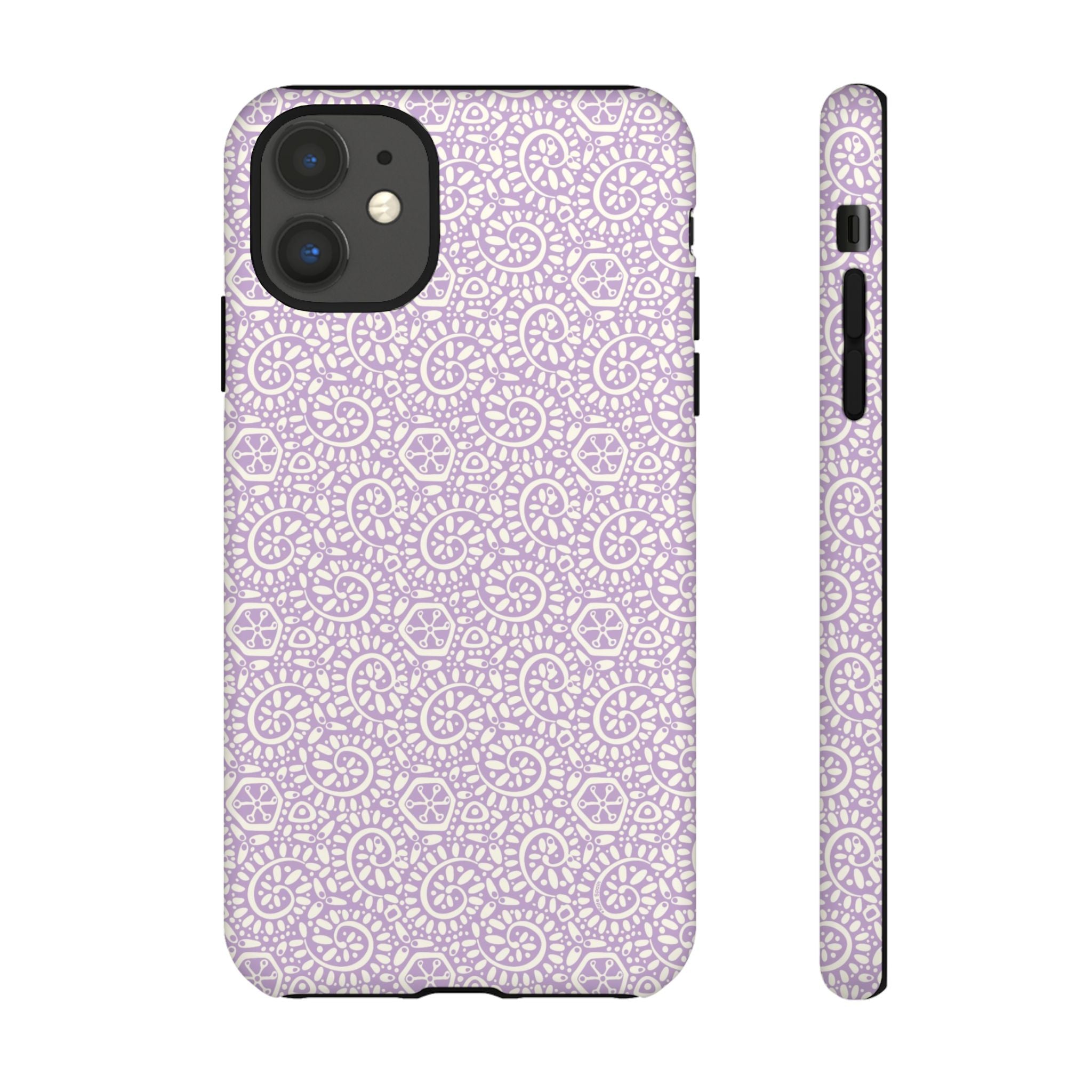 Canto Swirls Lavender iPhone 11 Matte Case — lavender hard case covered in an intricate folk-art medallion pattern of radiating circular motifs, dot clusters, and geometric centers