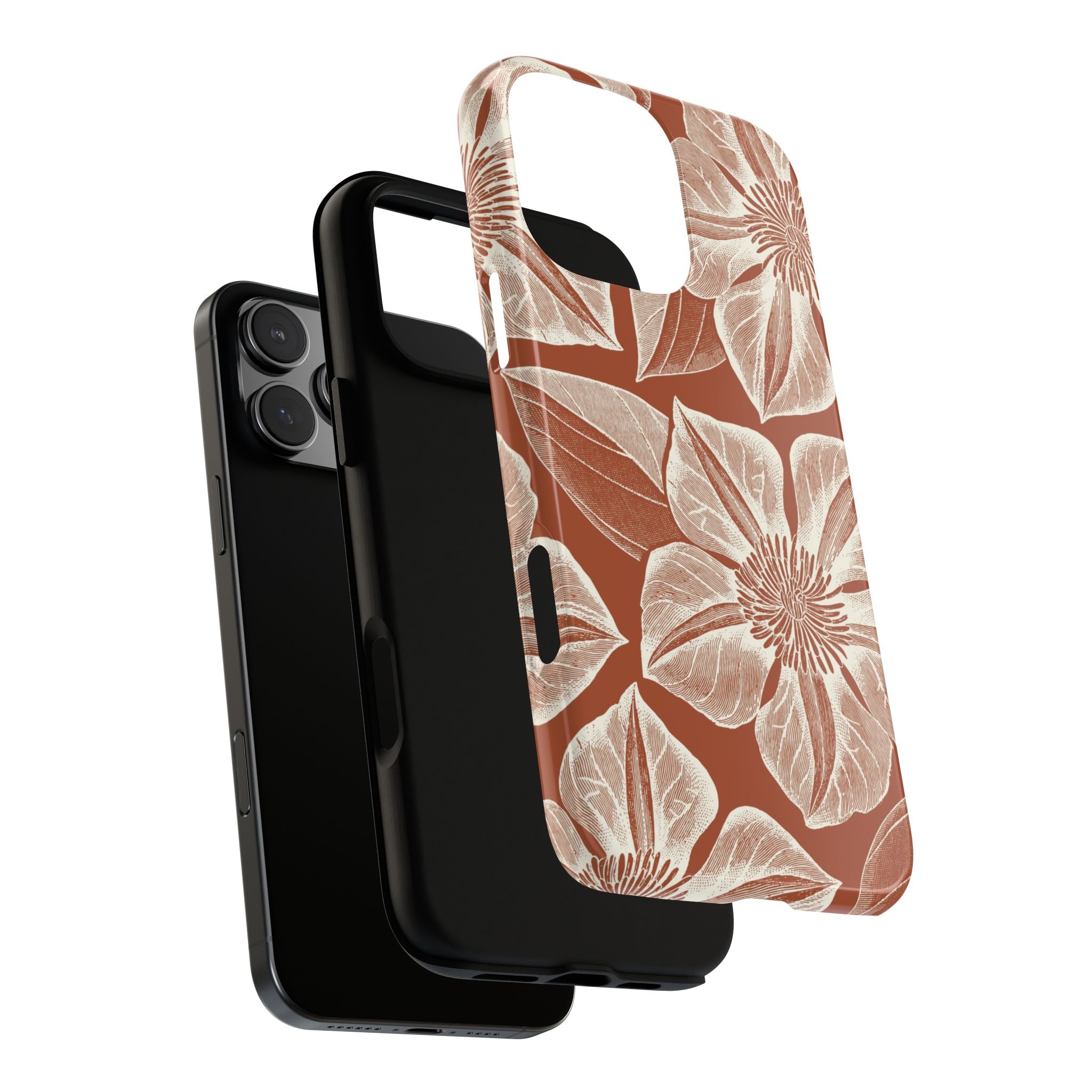 Vintage Bloom Sienna iPhone 16 Pro Max case – Glossy | sienna ground, large-scale cream clematis print, dual-layer case and inner lining detail with camera cutout view