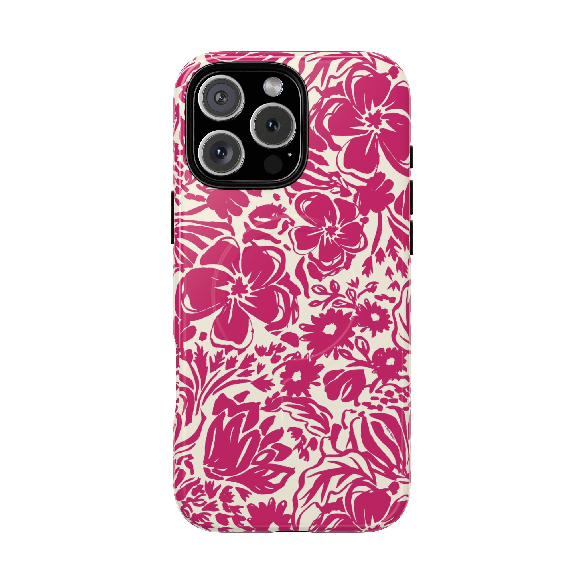 Rhapsody Bright Pink MagSafe iPhone 16 Plus Glossy case — bold magenta floral print on cream by Kate Spain
