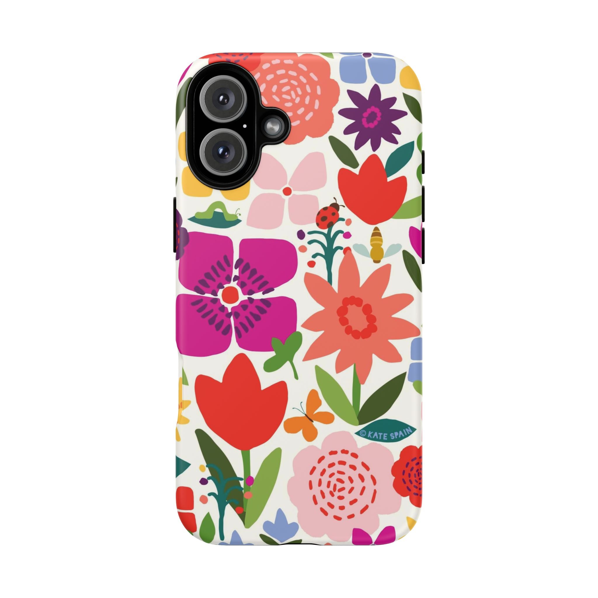 Happy Blooms Tough iPhone 16 Plus Case – Matte | cream, red, magenta, coral botanical floral print