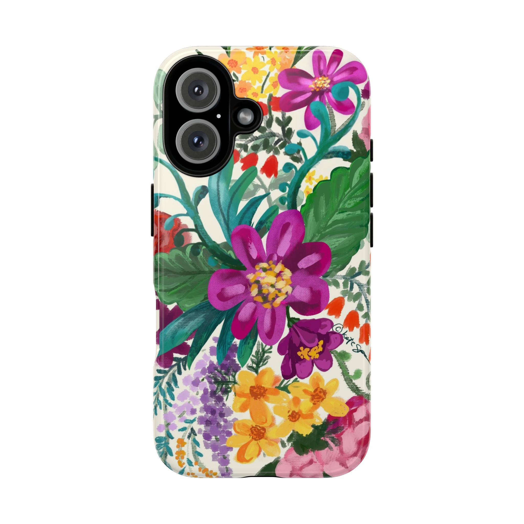 Posy Tough iPhone 16 Case – Glossy | cream, magenta, coral botanical floral print