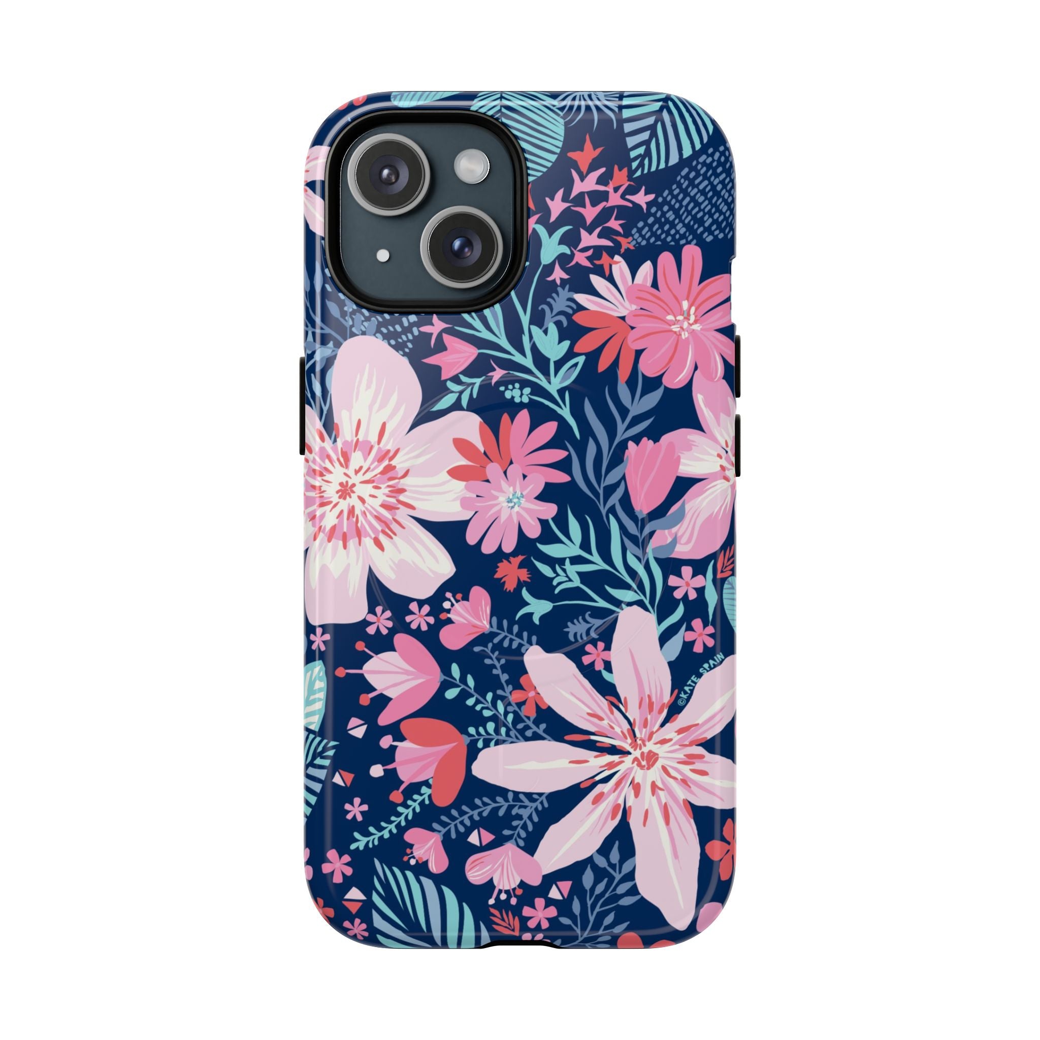 Bonaire MagSafe iPhone 15 Case – Glossy | navy, pink, white tropical floral botanical print