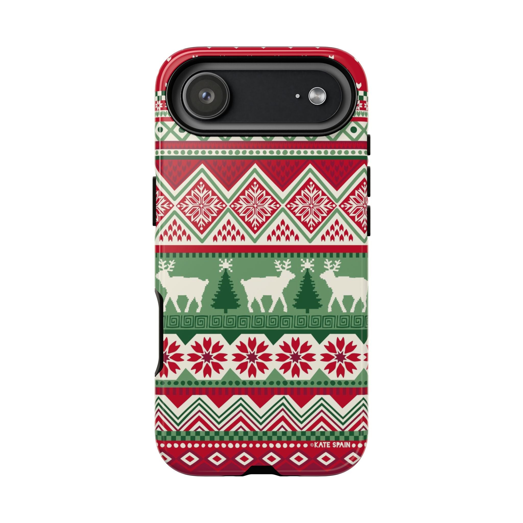 Telemark Tough iPhone 17 Air Case – Glossy | red, green, cream fair isle reindeer Nordic print