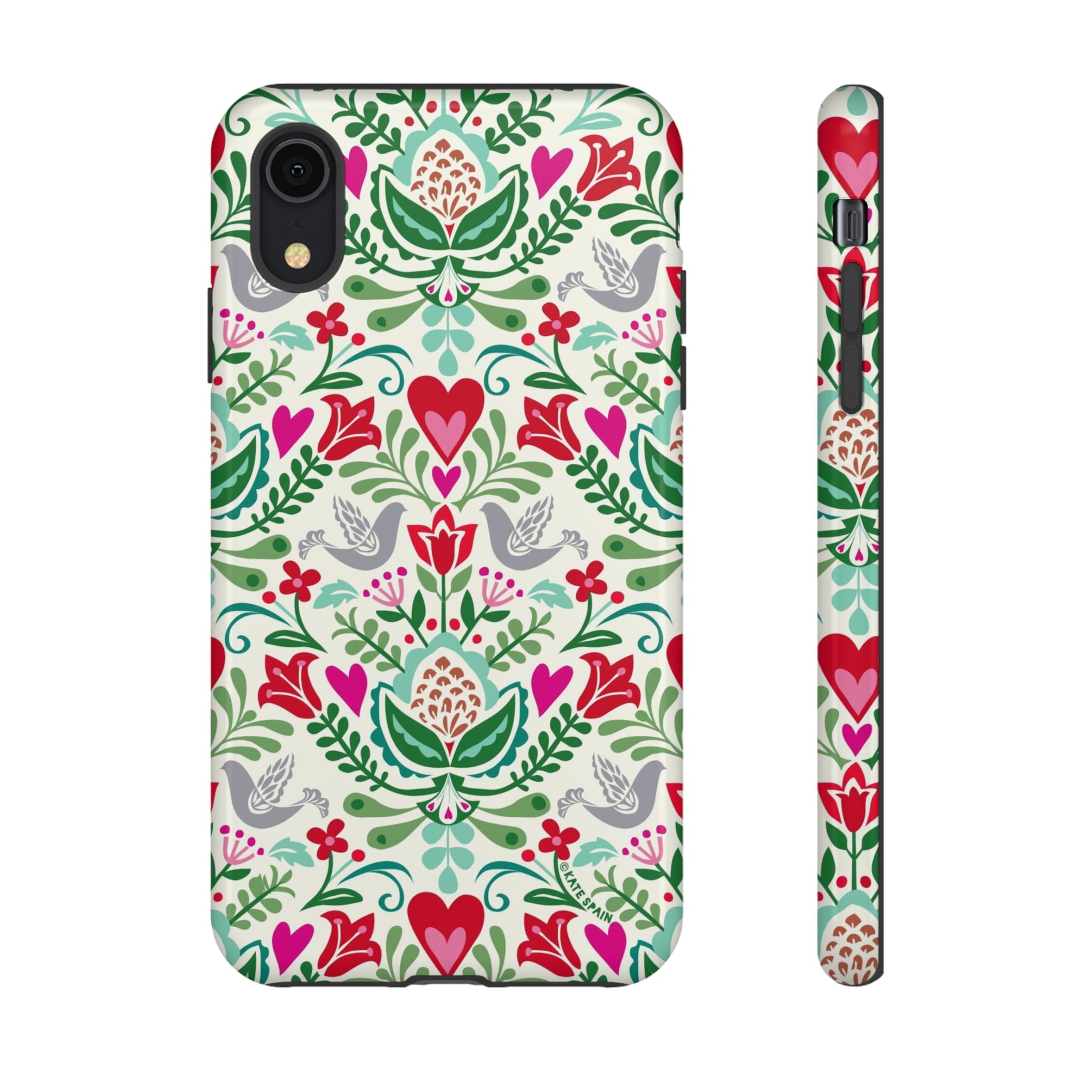 Rosemaling Tough iPhone XR Case – Glossy | cream, red, pink, green, gray folk art floral bird print