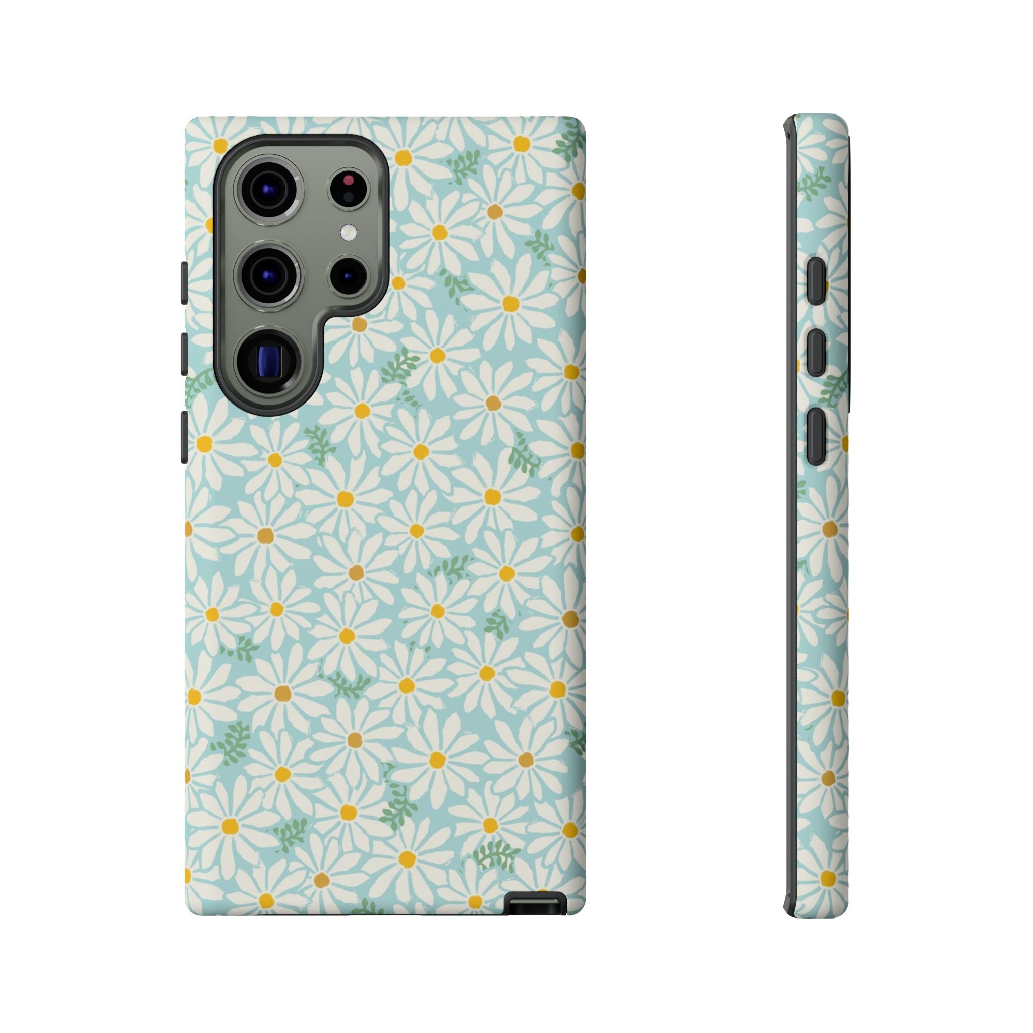 Daisies Samsung Galaxy S23 Ultra Case – Matte | sky blue, white daisy print, golden yellow centers, mint green leaves dual-layer protection