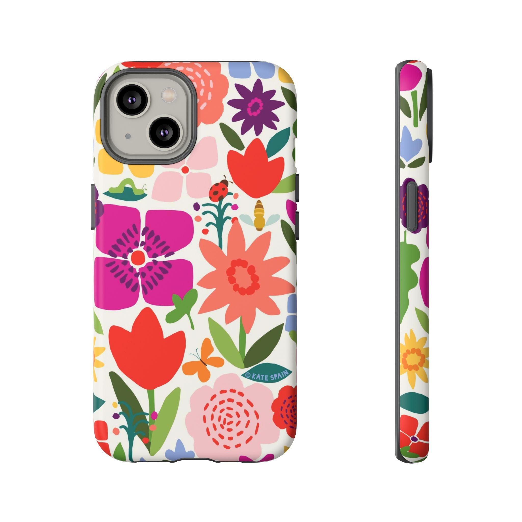 Happy Blooms Tough iPhone 14 Case – Matte | cream, red, magenta, coral botanical floral print