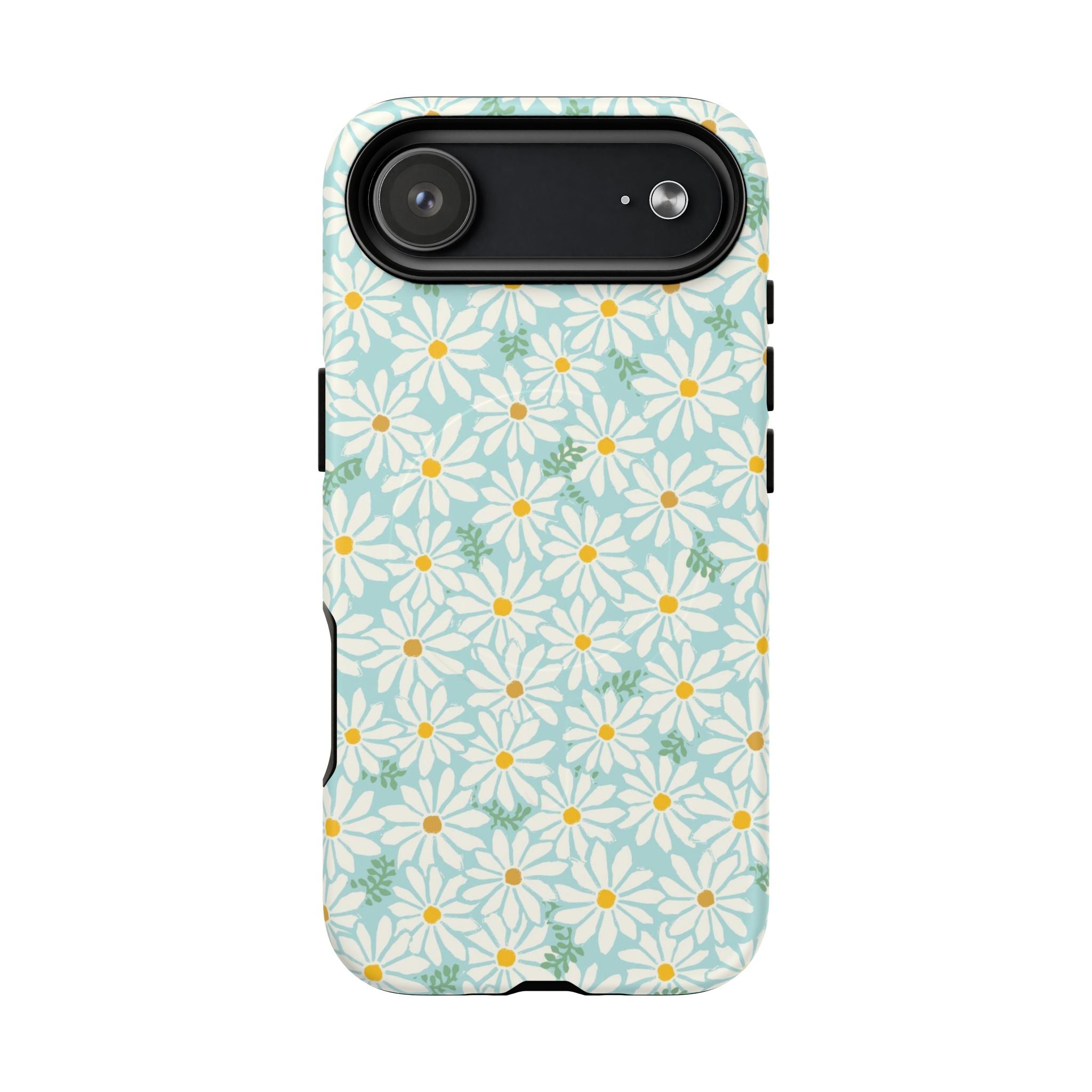 Daisies MagSafe iPhone 17 Air Case – Matte | sky blue, white daisy print, golden yellow centers, mint green leaves MagSafe compatible, dual-layer protection