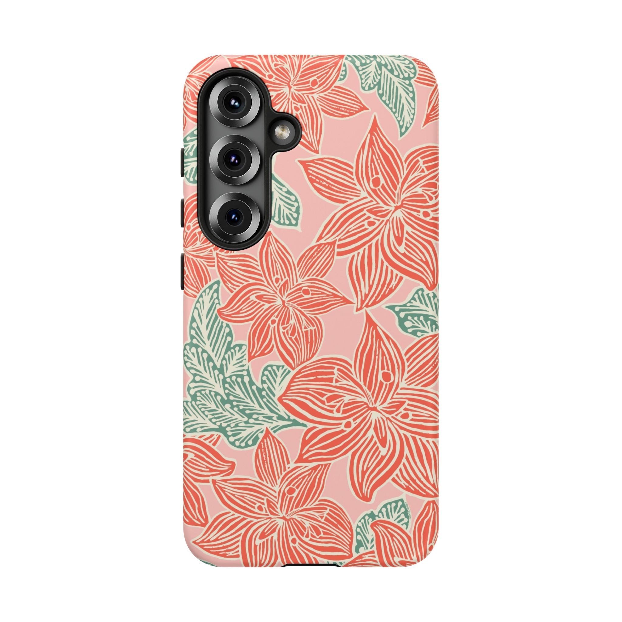 Hibiscus Coral Samsung Galaxy S25 Matte Case — blush pink hard case with large-scale coral red hibiscus flowers and teal-green leaves in a bold botanical linework print, densely layered across the surface
