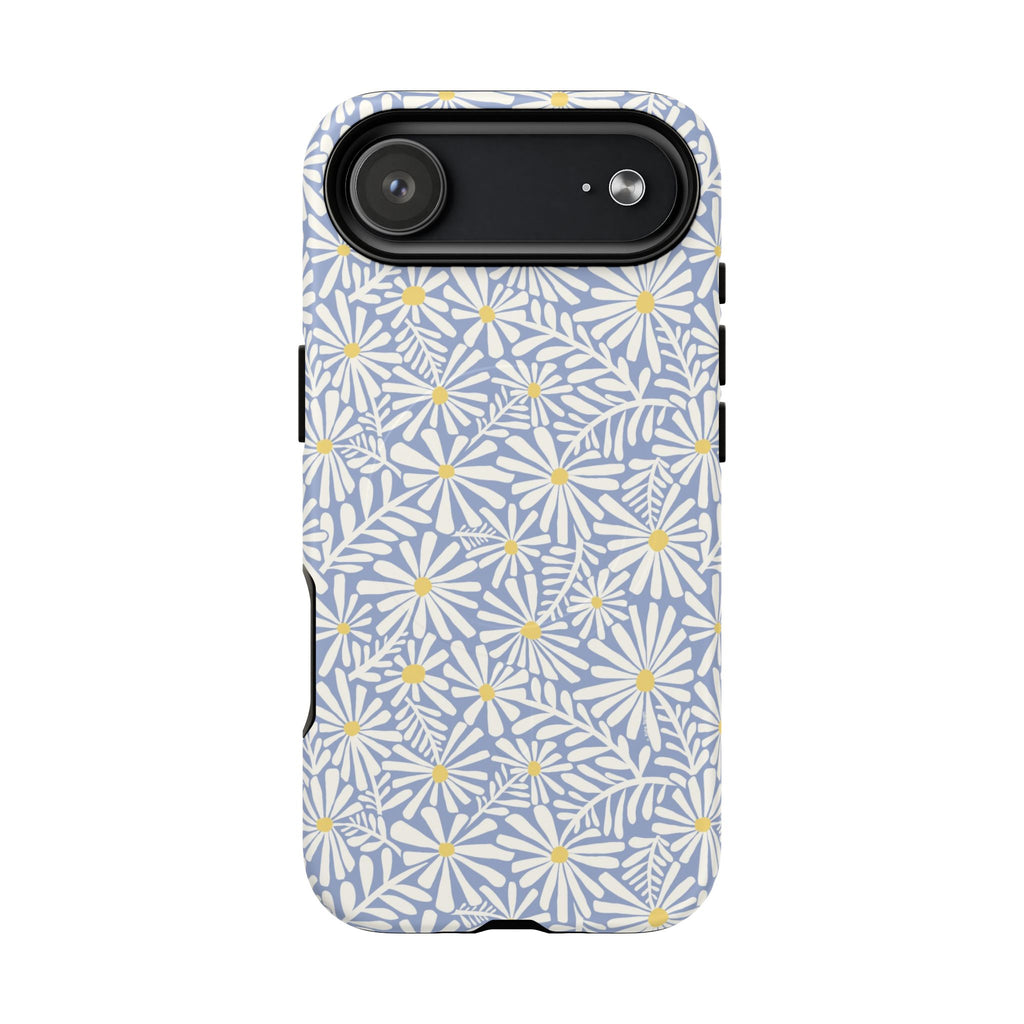 Montauk Daisy Cottage Blue MagSafe iPhone 17 Air Case – Matte | periwinkle blue, white graphic daisy and fern print, golden yellow centers MagSafe compatible, dual-layer protection