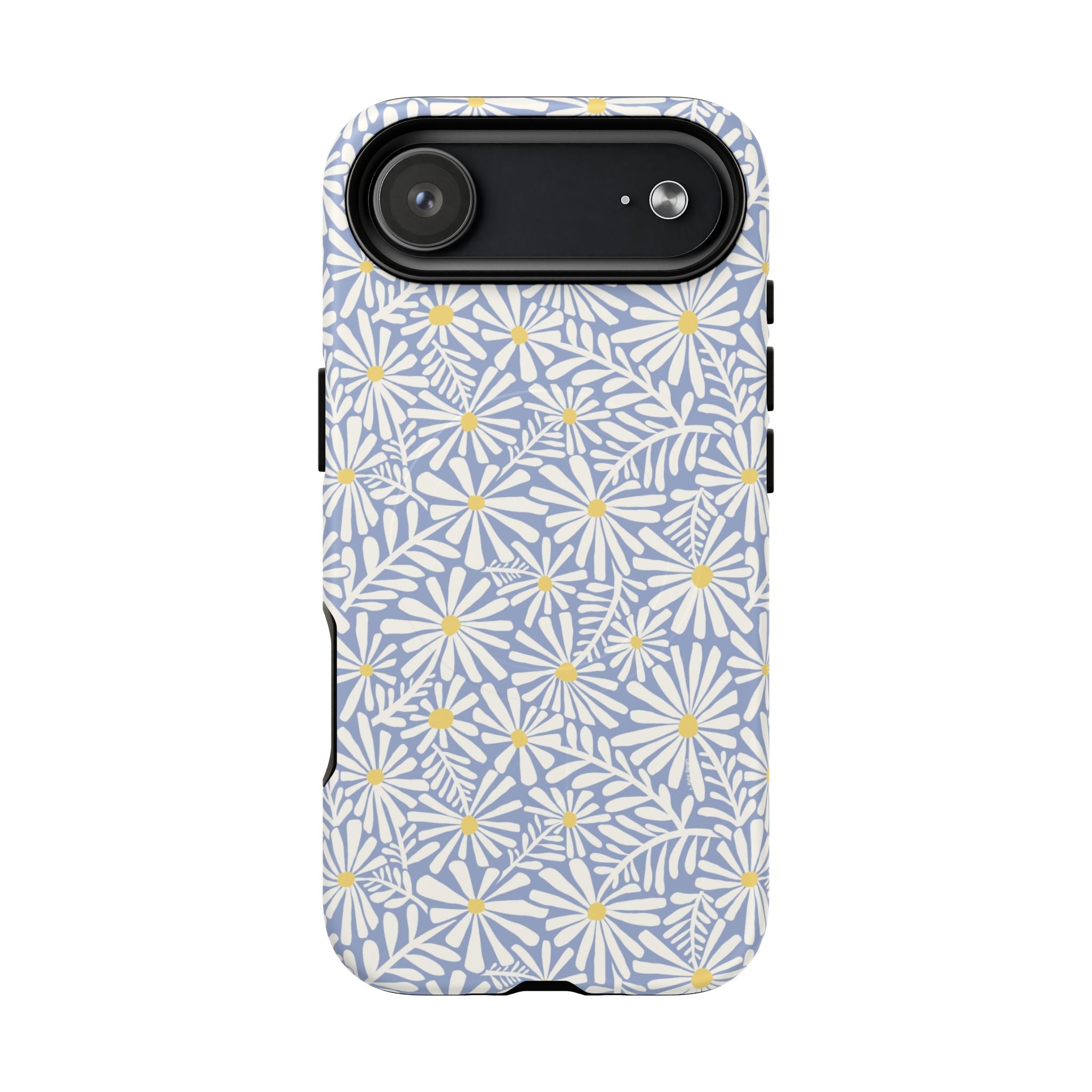 Montauk Daisy Cottage Blue MagSafe iPhone 17 Air Case – Matte | periwinkle blue, white graphic daisy and fern print, golden yellow centers MagSafe compatible, dual-layer protection