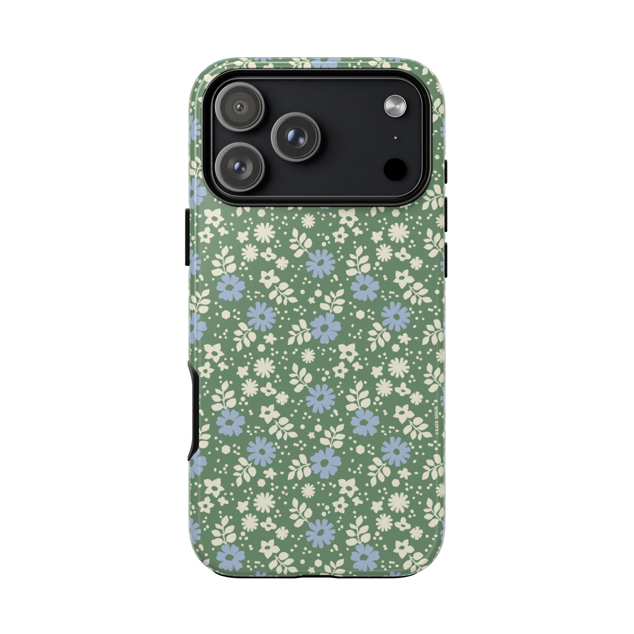 Petaline Tough iPhone 17 Pro Case – Matte | green, blue, cream ditsy floral print